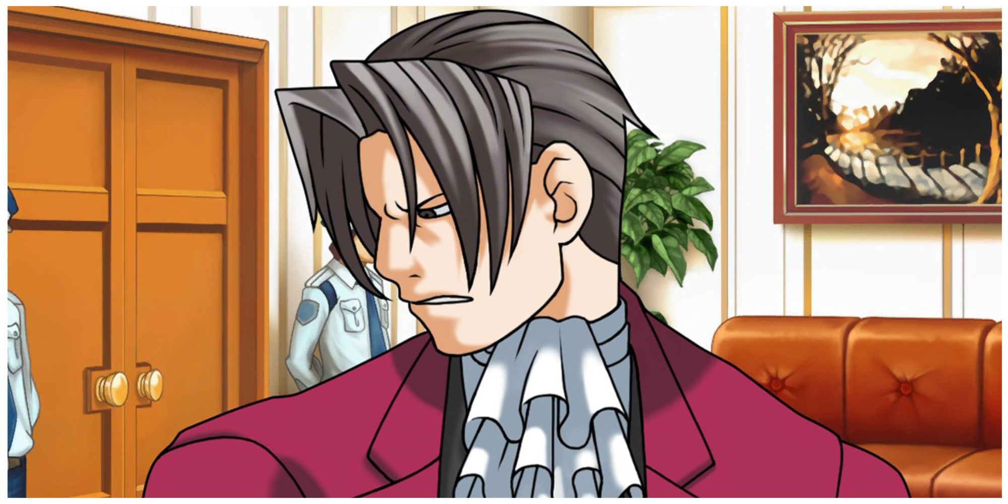 Miles Edgeworth frowning and looking to the side in a courtroom in Ace Attorney
