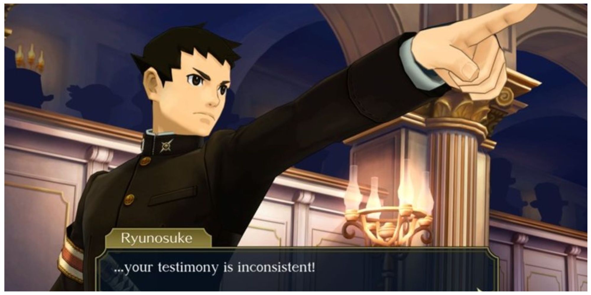 Naruhodo objecting in court, raising a pointed finger; stating"... your testimony is inconsistent!""