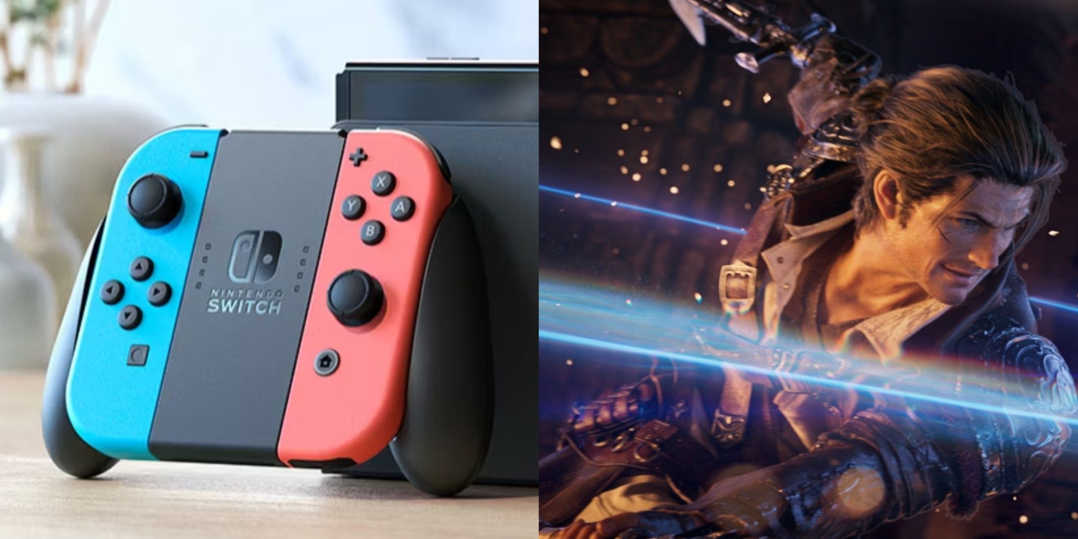 the Nintendo Switch pictured next to key art from Final Fantasy 14.