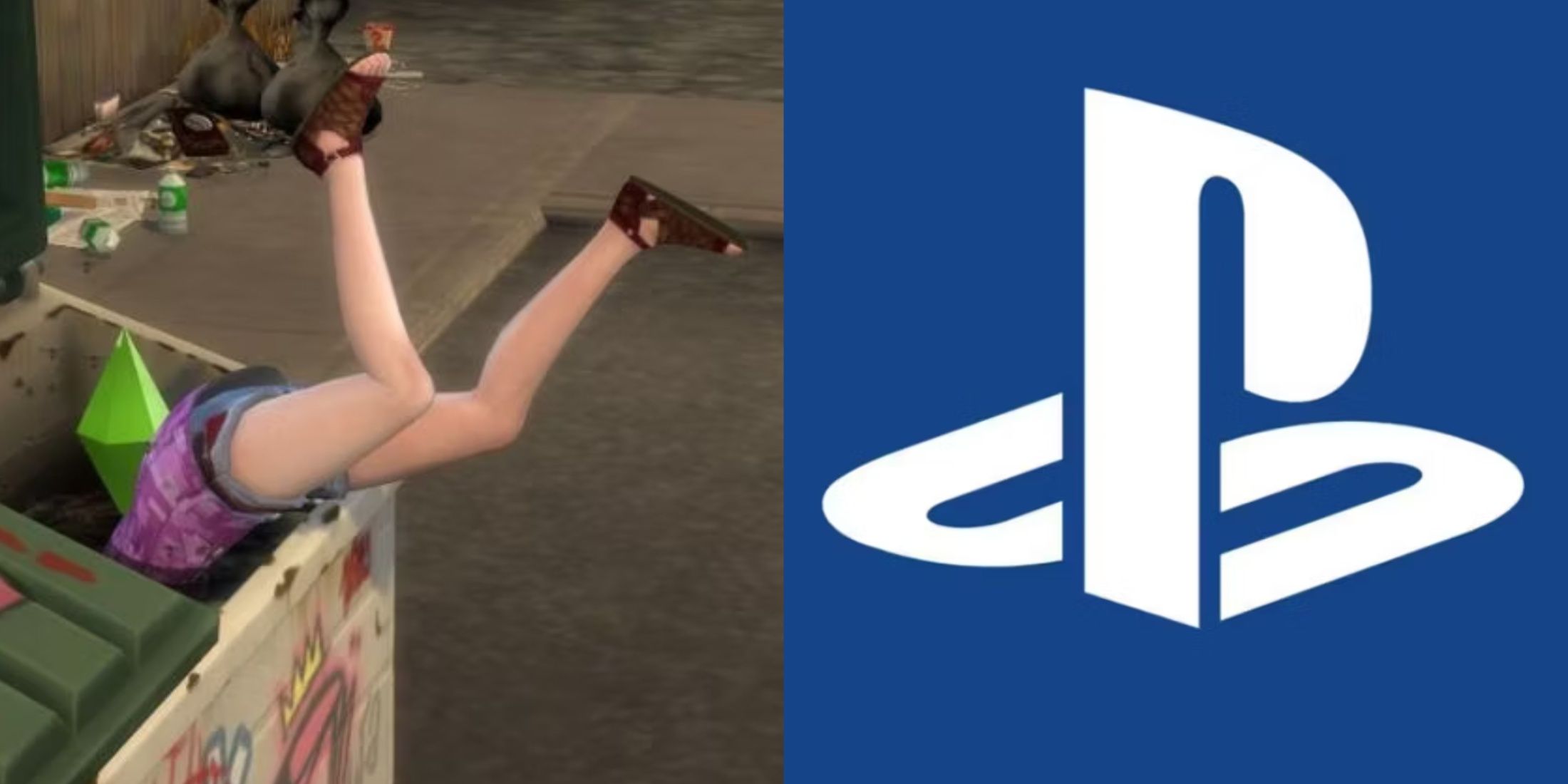 A Sims character dumpster diving next to the PlayStation logo