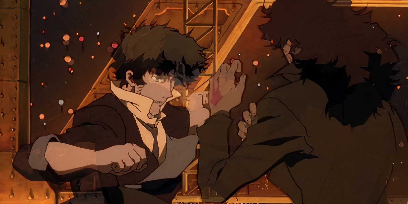 Spike fights Vincent in hand-to-hand combat in Cowboy Bebop: The Movie.