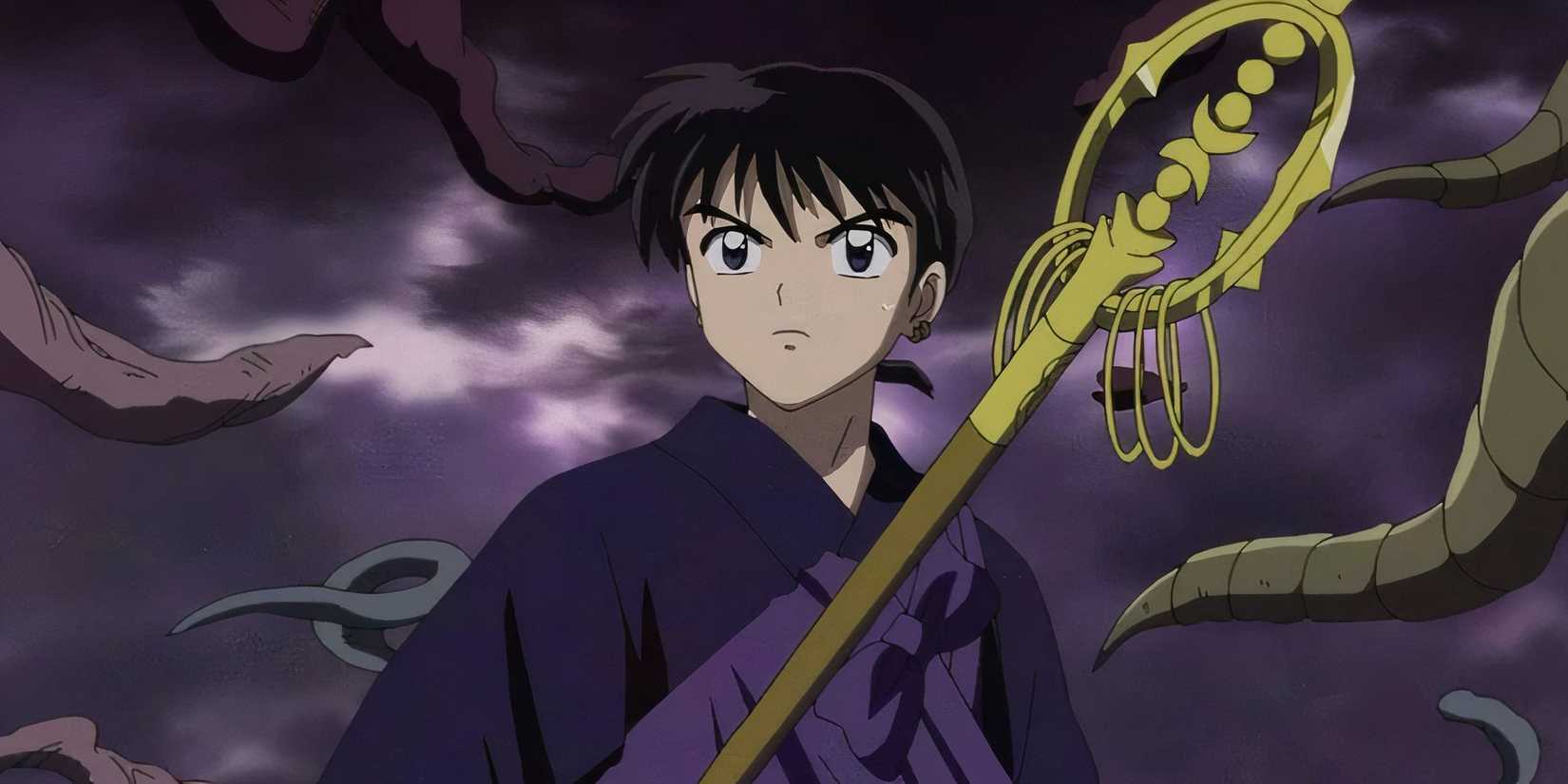 Miroku is surrounded by demons in Inuyasha: The Final Act.