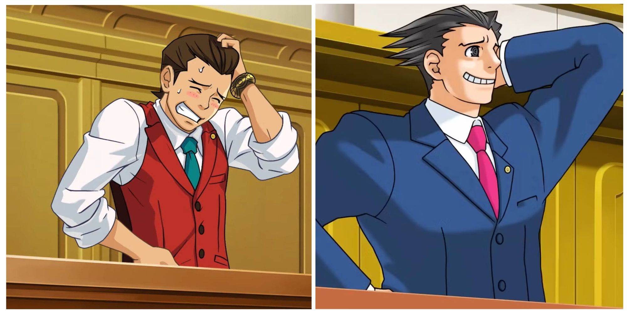 Apollo Justice; blushing and smiling awkwardly with a toothy grin and his hand on his head and Phoenix Wright; smiling awkwardly with a toothy grin and his hand on his head 