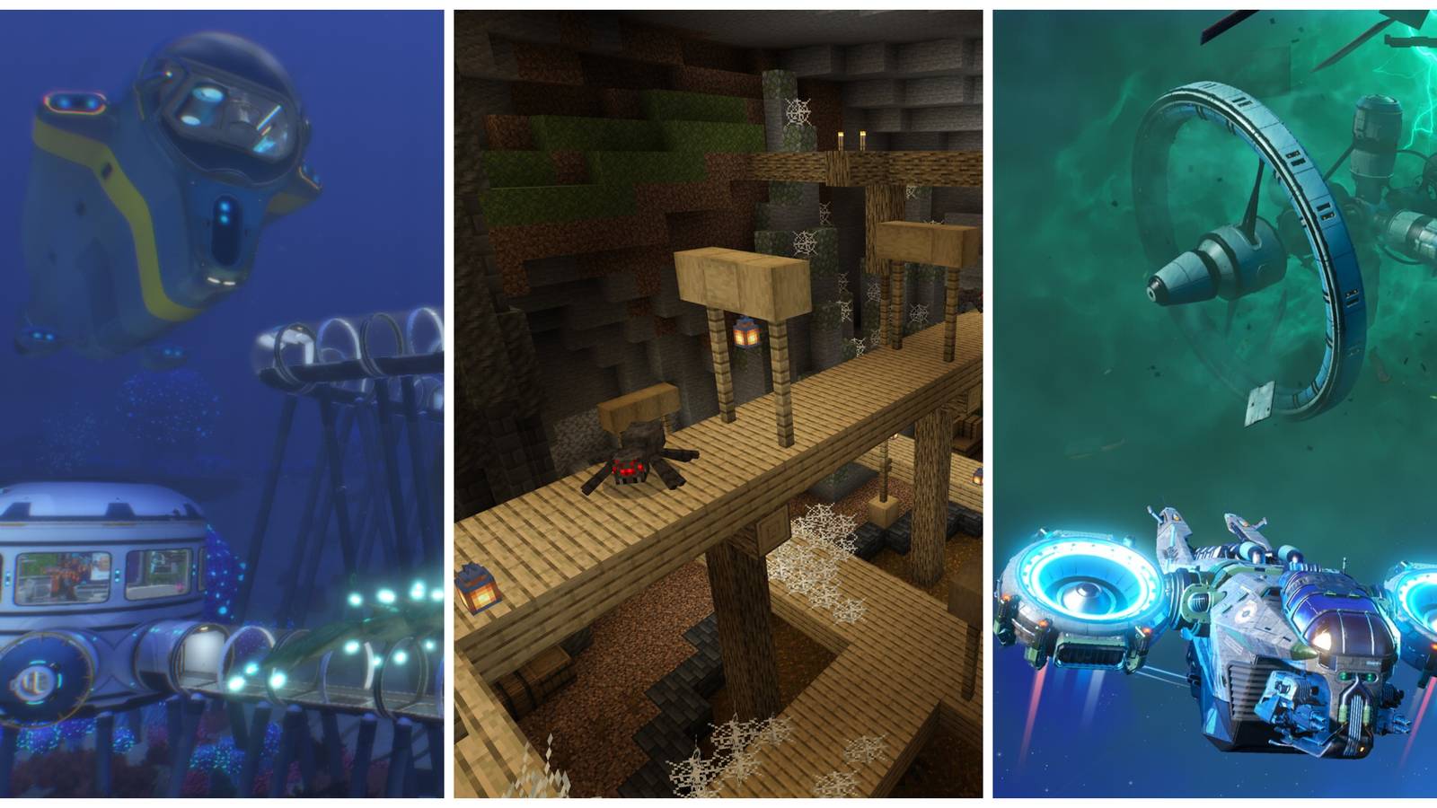 Collage of Subnautica Minecraft and No Mans Sky