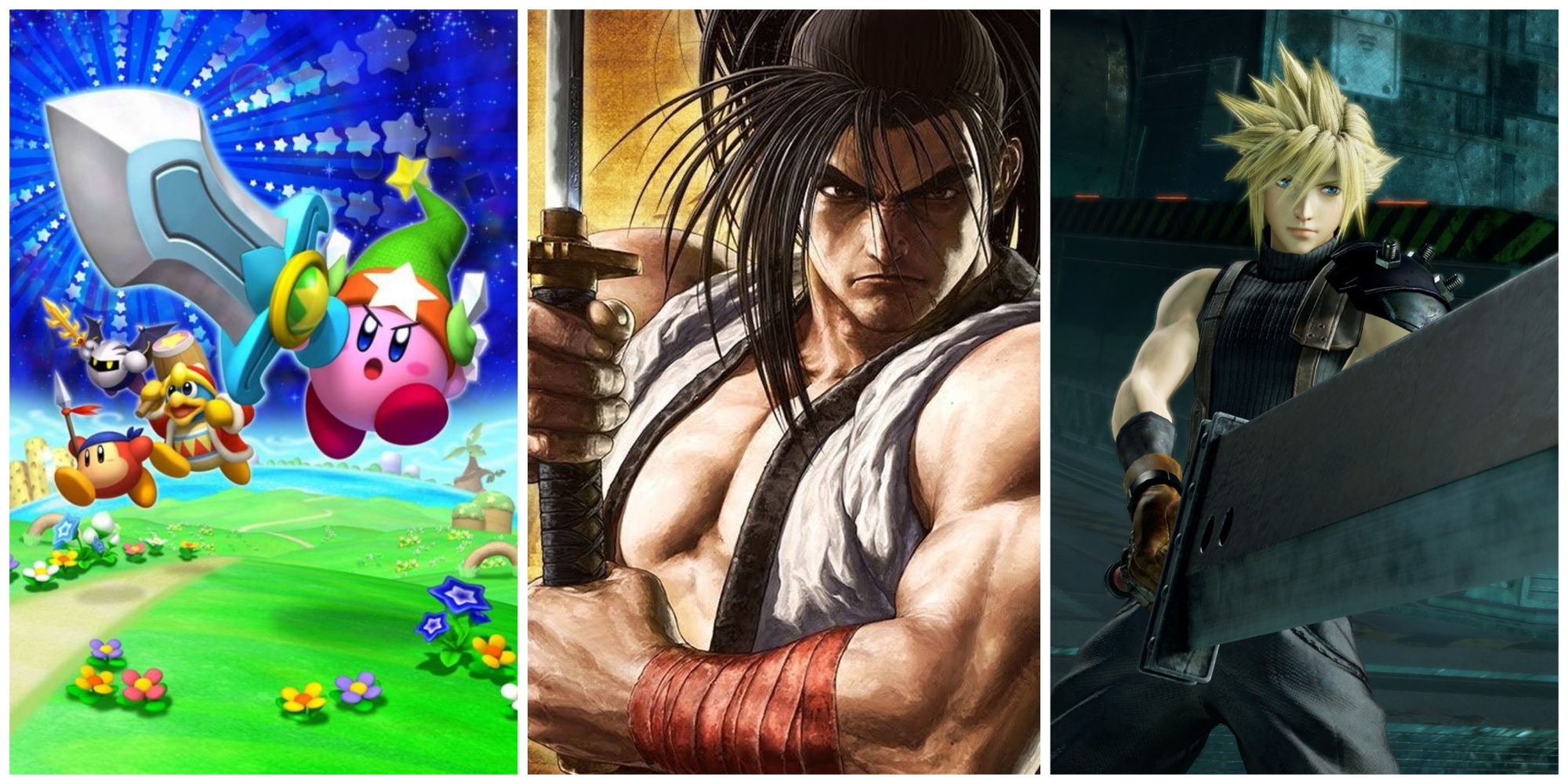 Kirby with sword, Meta Knight with sword, Dedede with hammer, and Bandana Waddle Dee with spear in Kirby's Return to Dreamland Cover; Haohmaru in Samurai Showdown 2019 official art, holding sword; Cloud Strife holding buster sword in Dissida NT