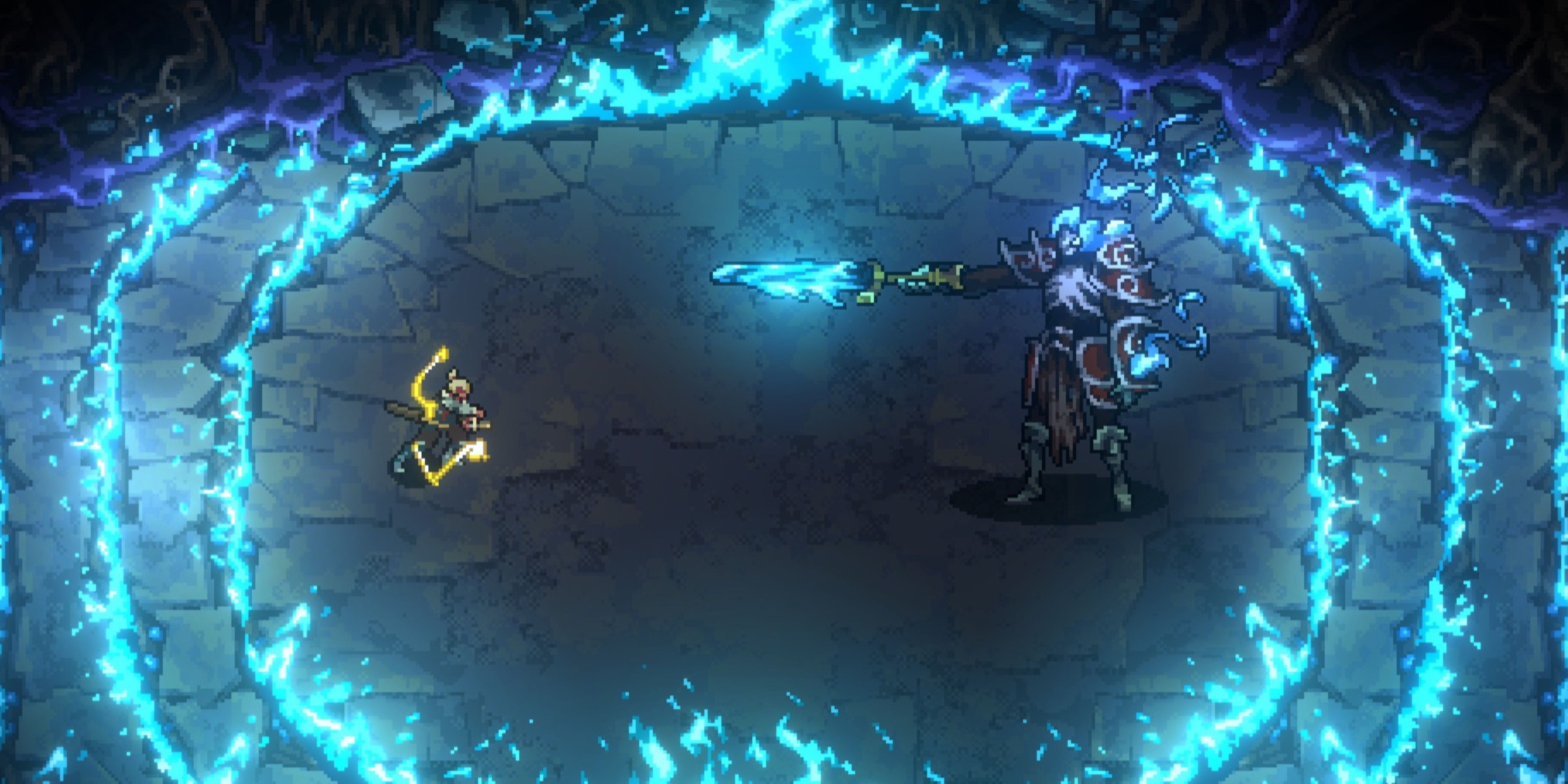 7 Best Isometric Soulslike Games, Ranked lead character takes on a boss ringed by blue fire