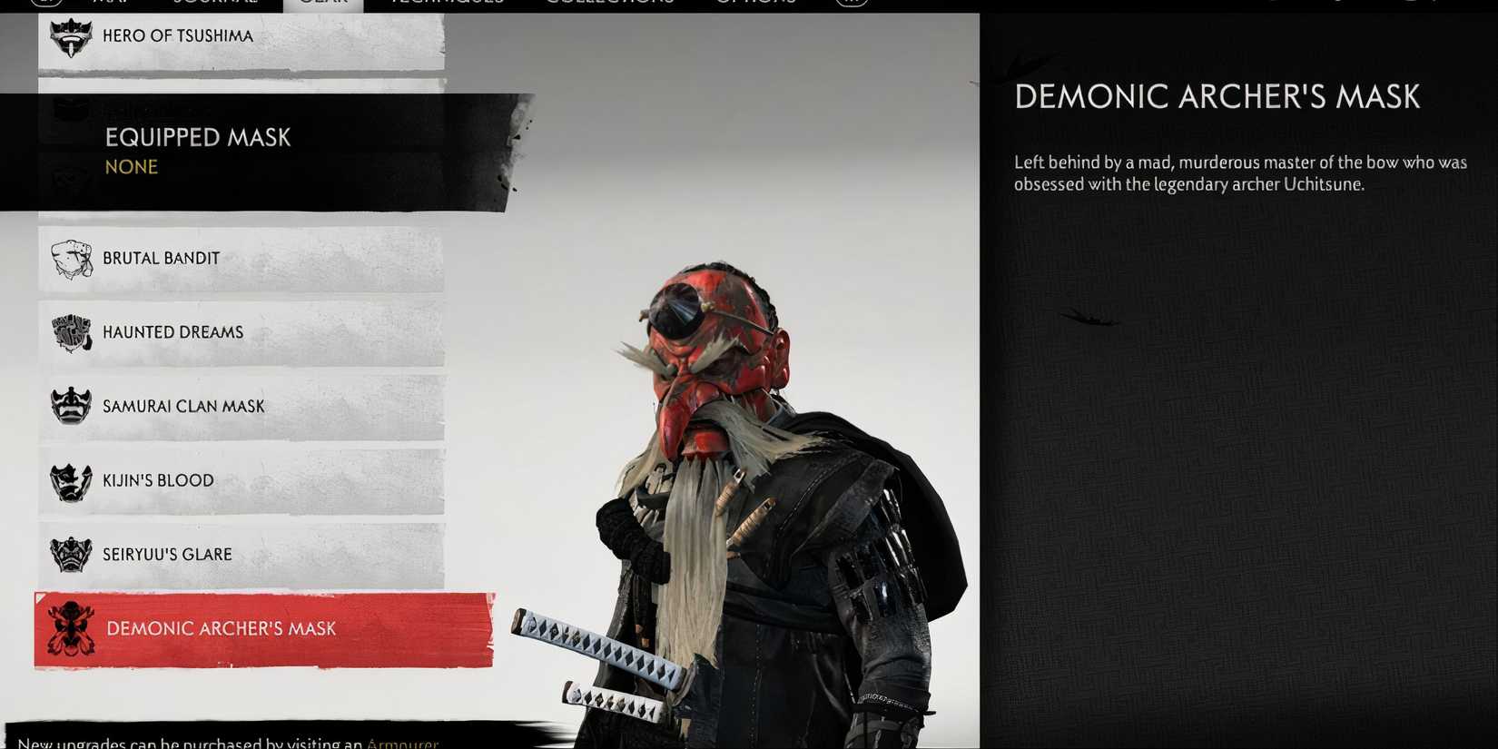 Ghost Of Tsushima Inventory, showing the demonic archer's mask