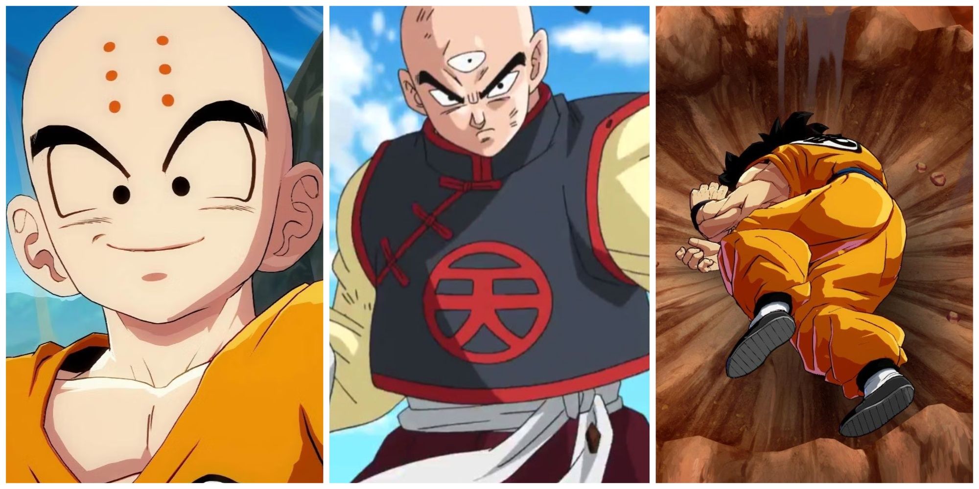 Collage of Dragon Ball Heroes: Krillin smiling; Tien mid-battle; Yamcha knocked out