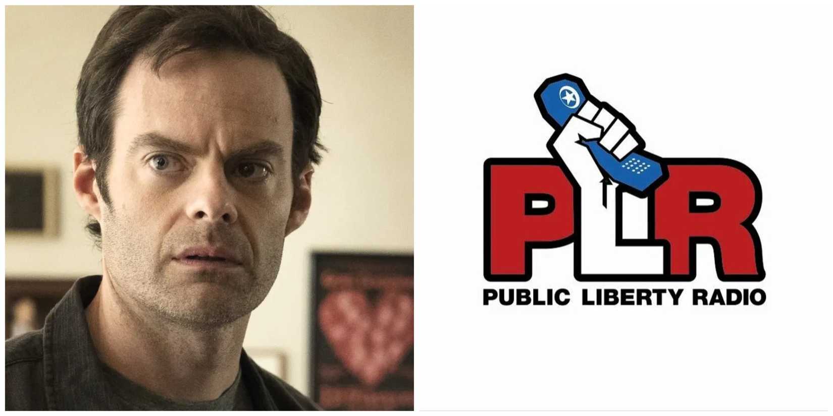Bill Hader (who plays Barry Berkman in this image for the show Barry) next to the logo for Public Liberty Radio, the station where his voice appears in GTA 4