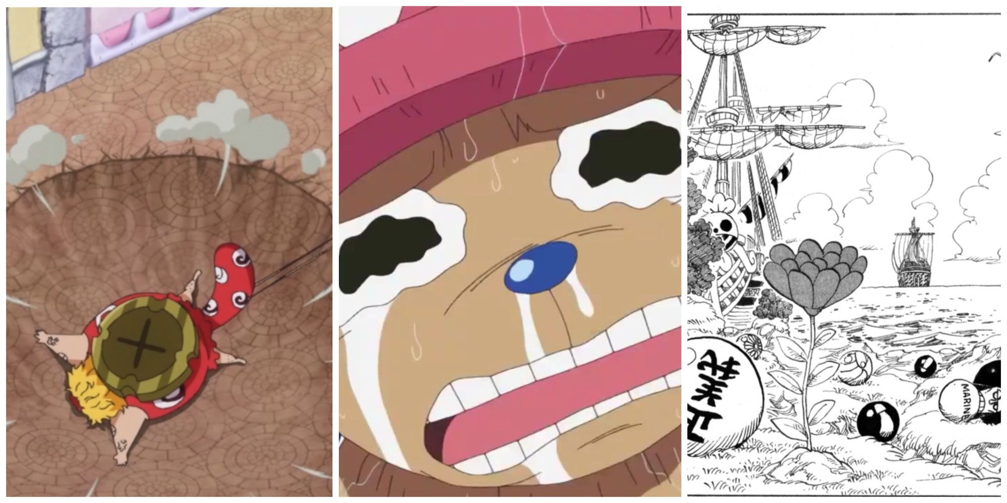 Machvise falling, Chopper crying, Berry disassembled in the One Piece manga
