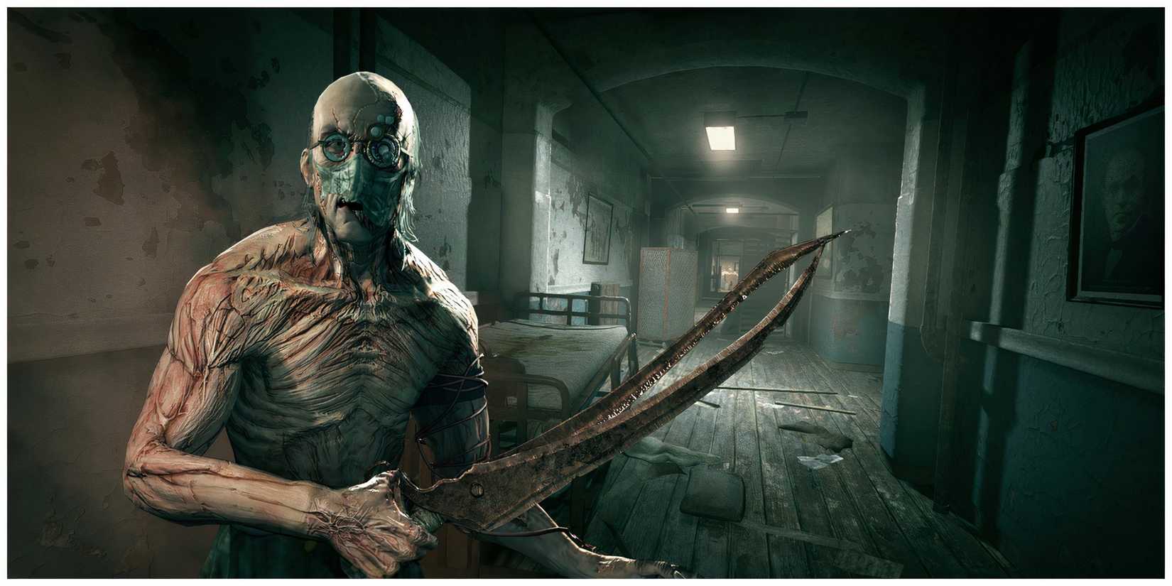 Release artwork for outlast showing an enemy holding shears in the asylum
