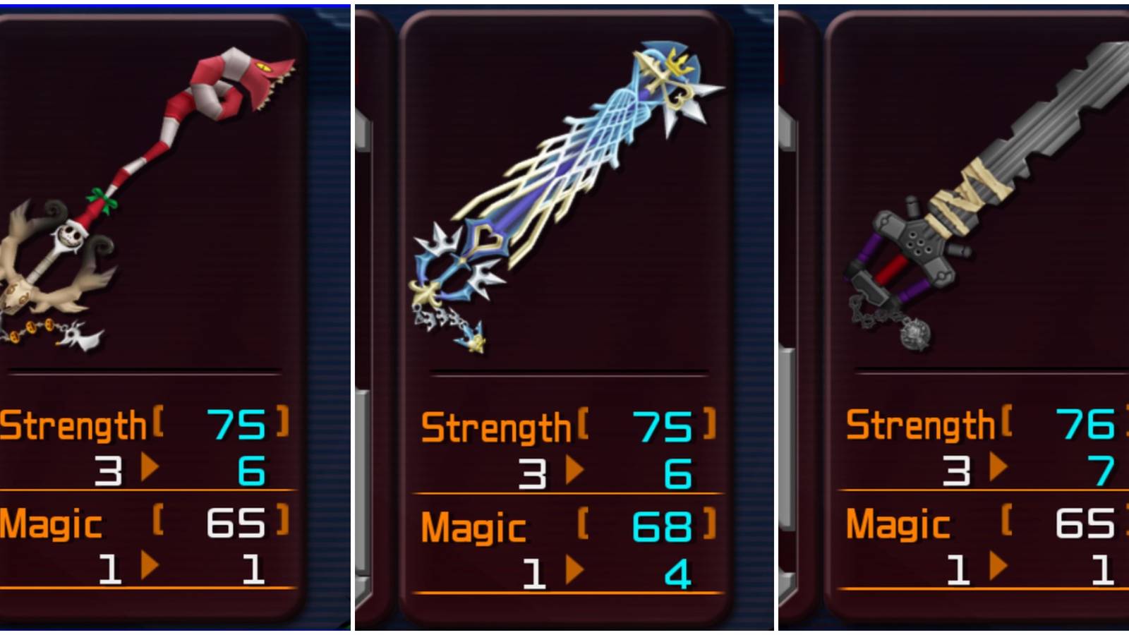 The Decisive Pumpkin, Ultima Weapon, and Fenrir Keyblades in Kingdom Hearts 2