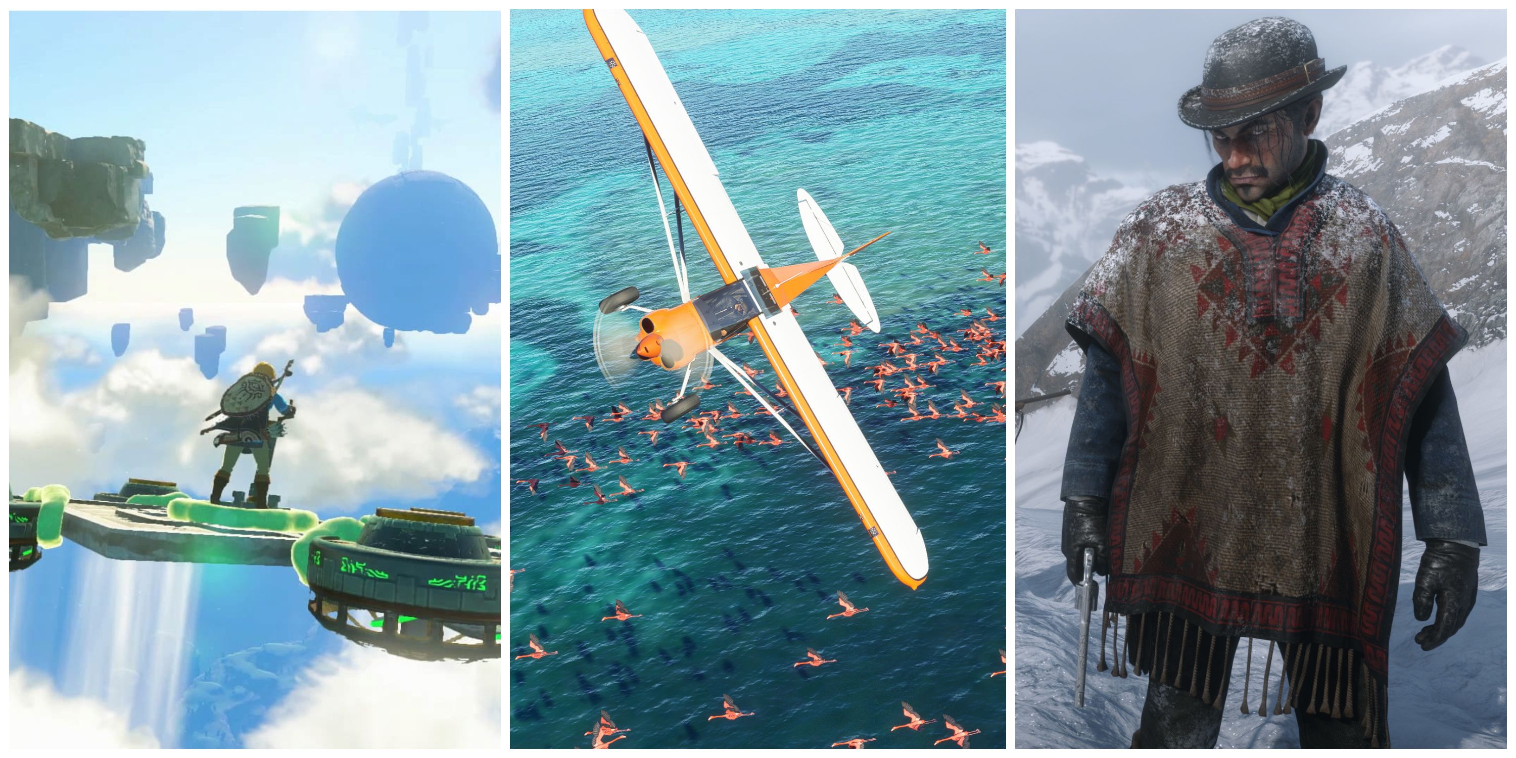 A collage of Tears of the Kingdom Microsoft Flight Simulator and Red Dead Redemption 2