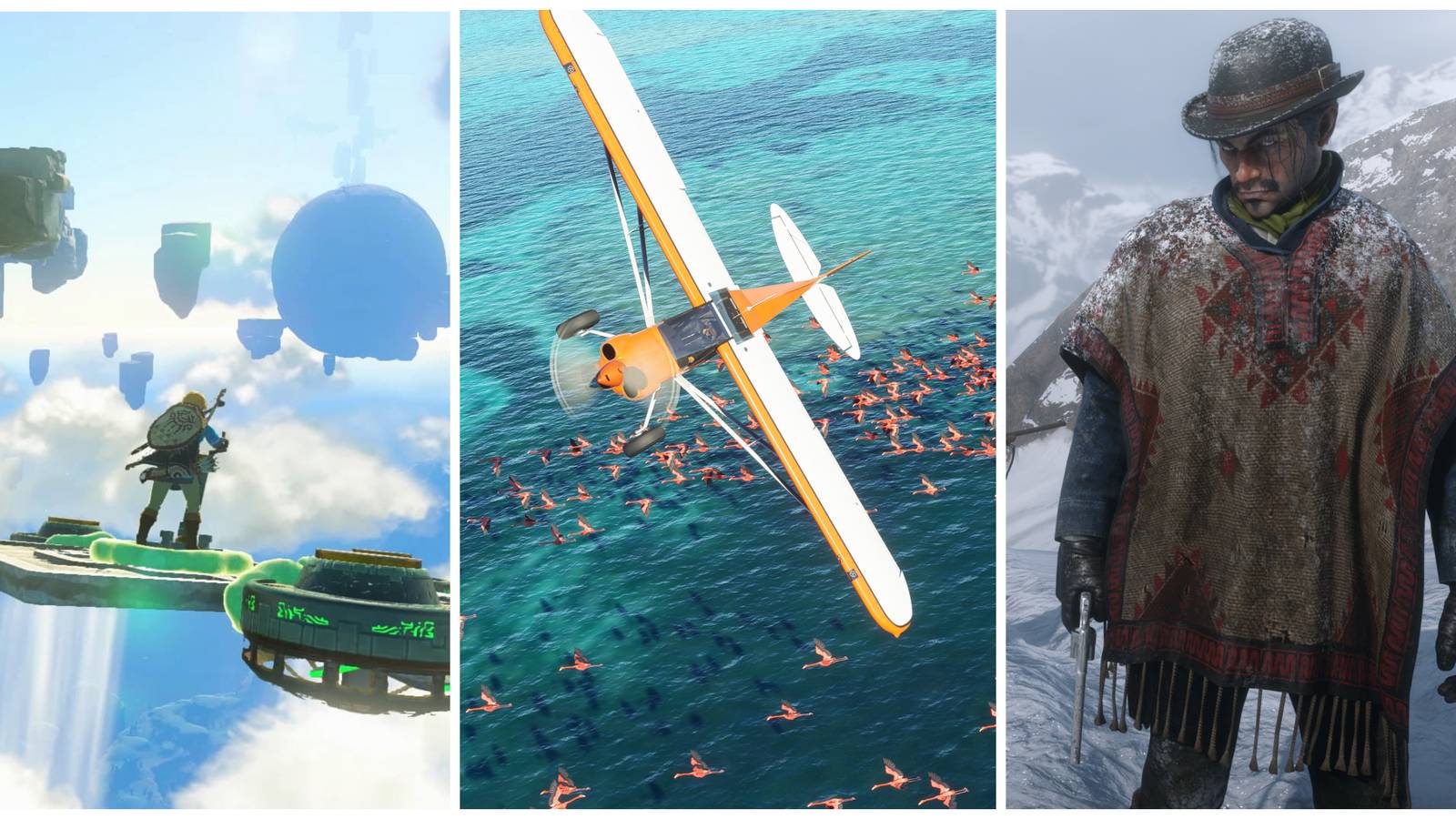 A collage of Tears of the Kingdom Microsoft Flight Simulator and Red Dead Redemption 2