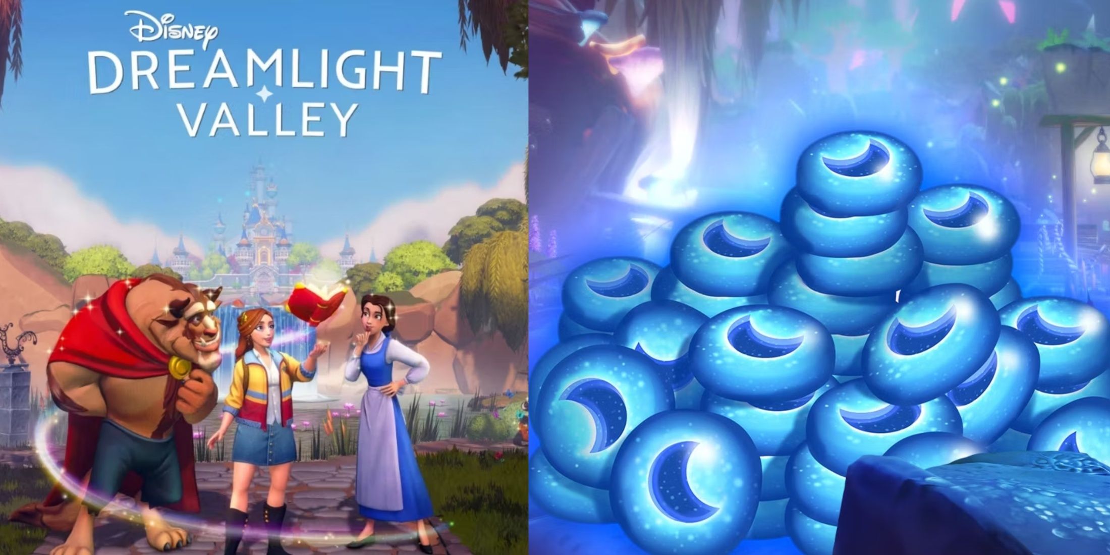 Promo art for Dreamlight Valley next to a pile of Moonstone Tokens