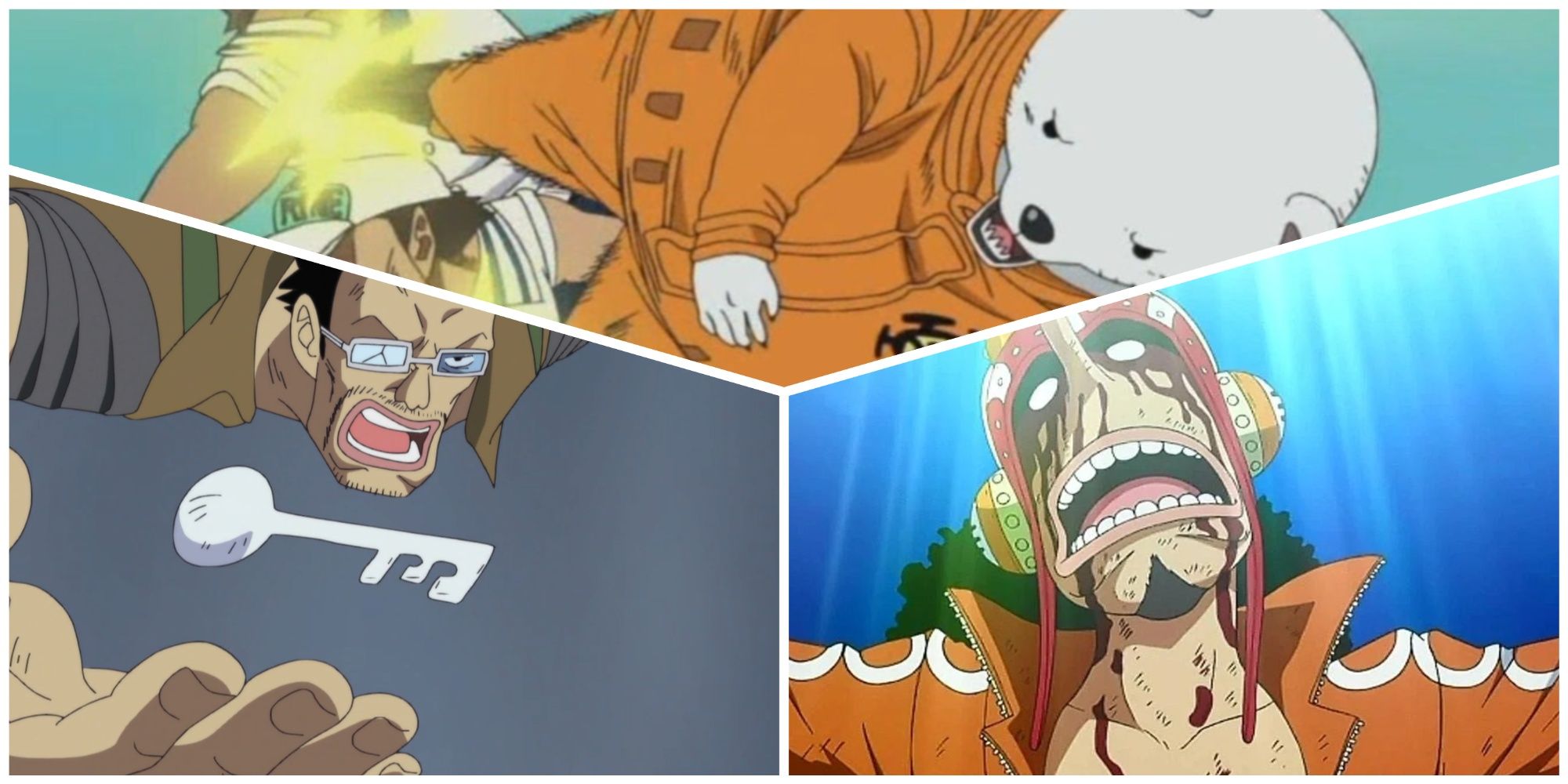 Top: Bepo kicking marines Bottom Left: Galdino forming a wax key Bottom Right: Usopp being held up by Harudjin in a christlike position