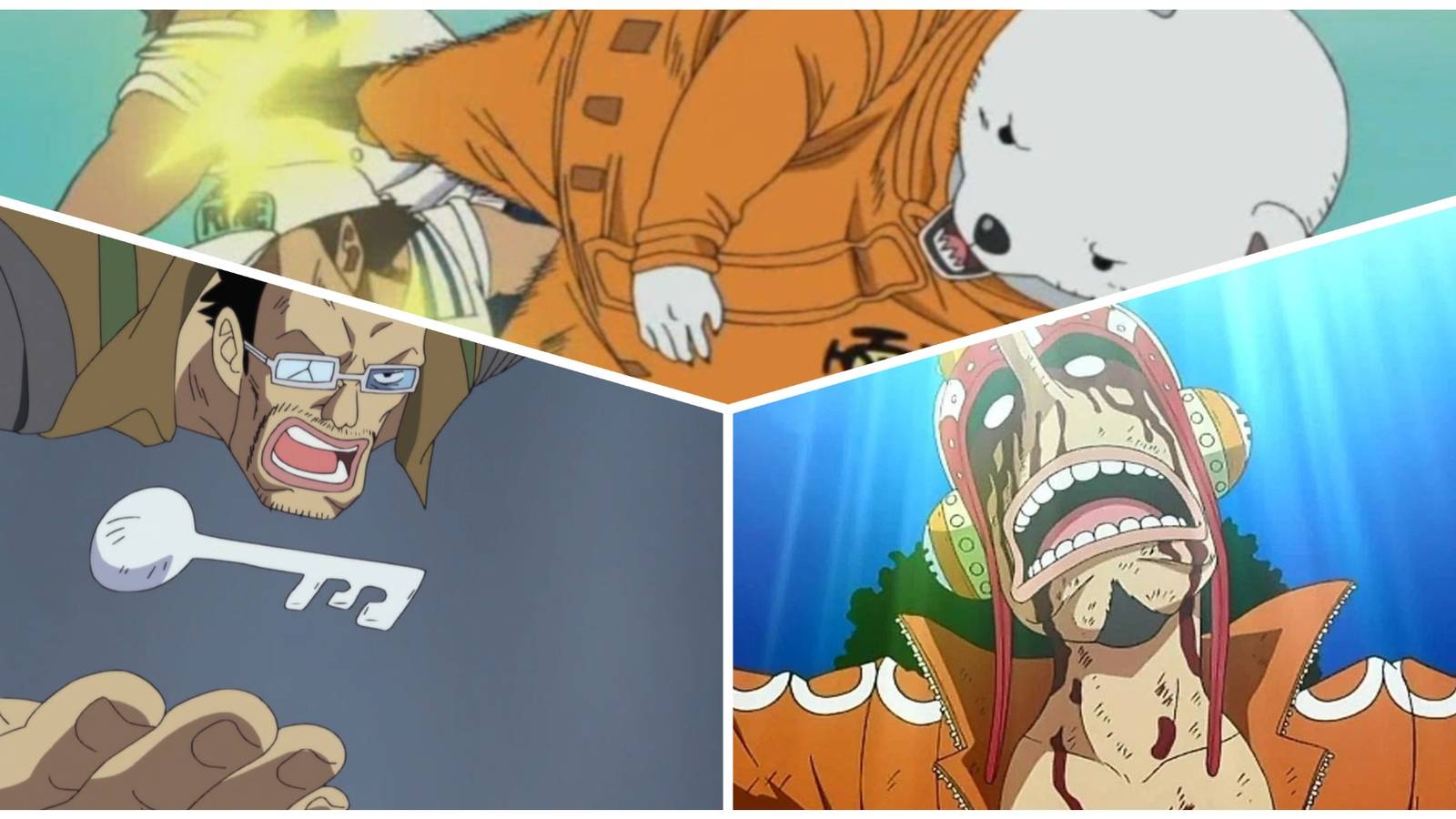 Top: Bepo kicking marines Bottom Left: Galdino forming a wax key Bottom Right: Usopp being held up by Harudjin in a christlike position