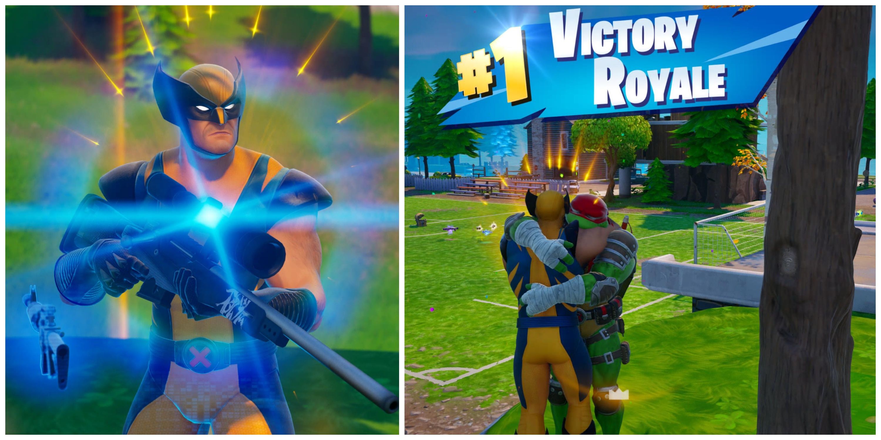 wolverine with a victory royale, raphael and wolverine hugging in pleasant park