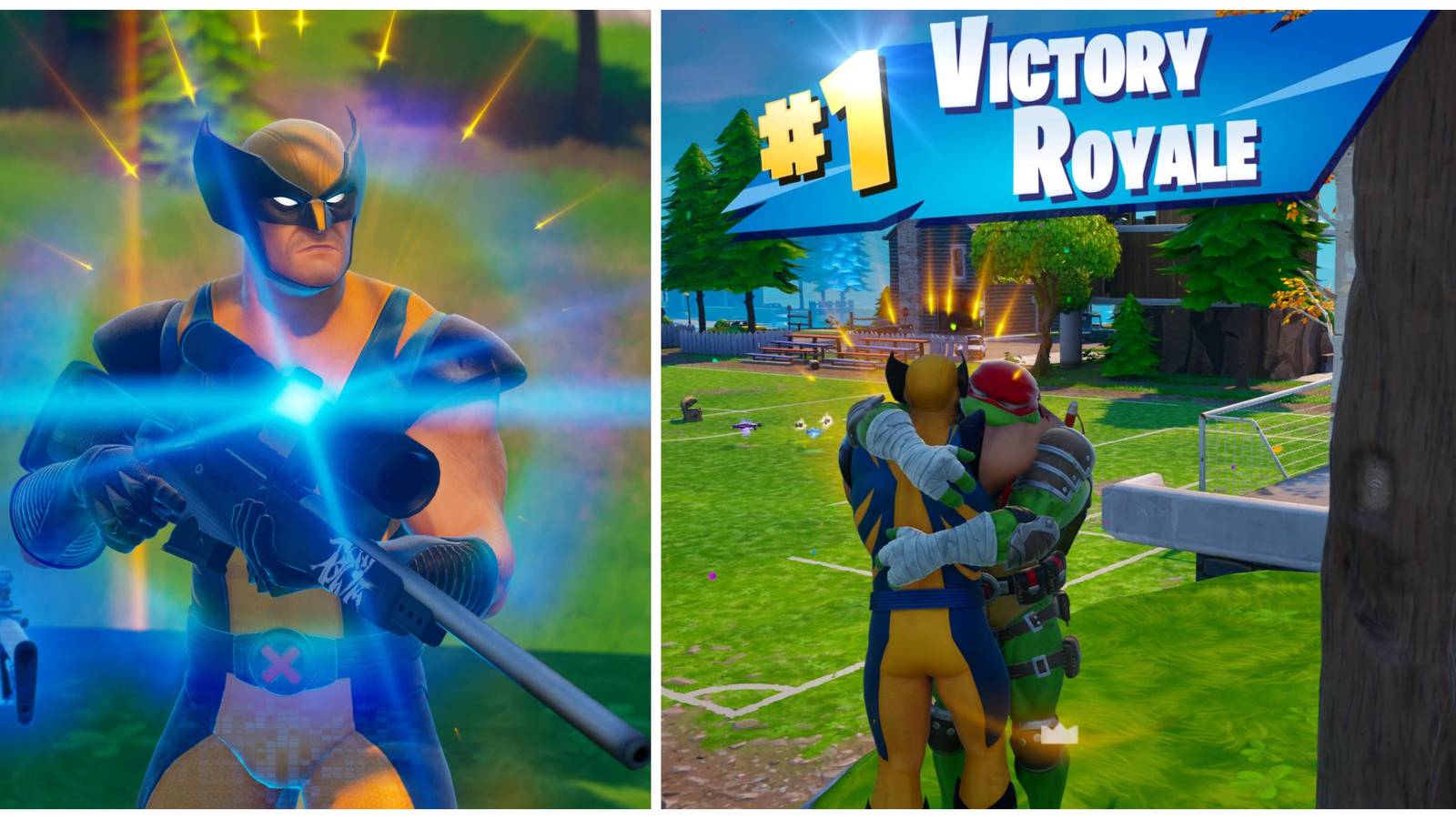 wolverine with a victory royale, raphael and wolverine hugging in pleasant park