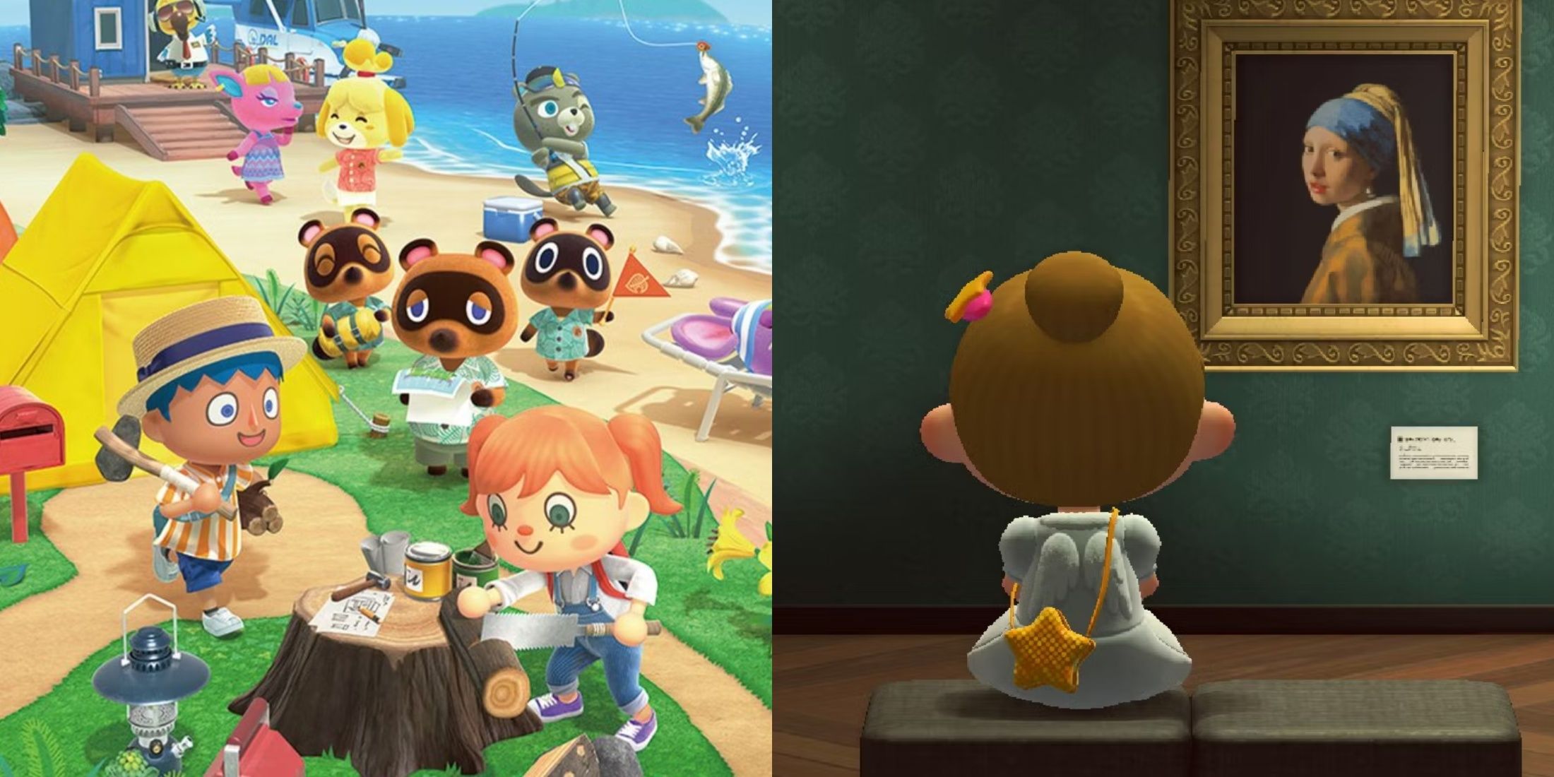 Key promo art for Animal Crossing next to a villager looking at a painting.