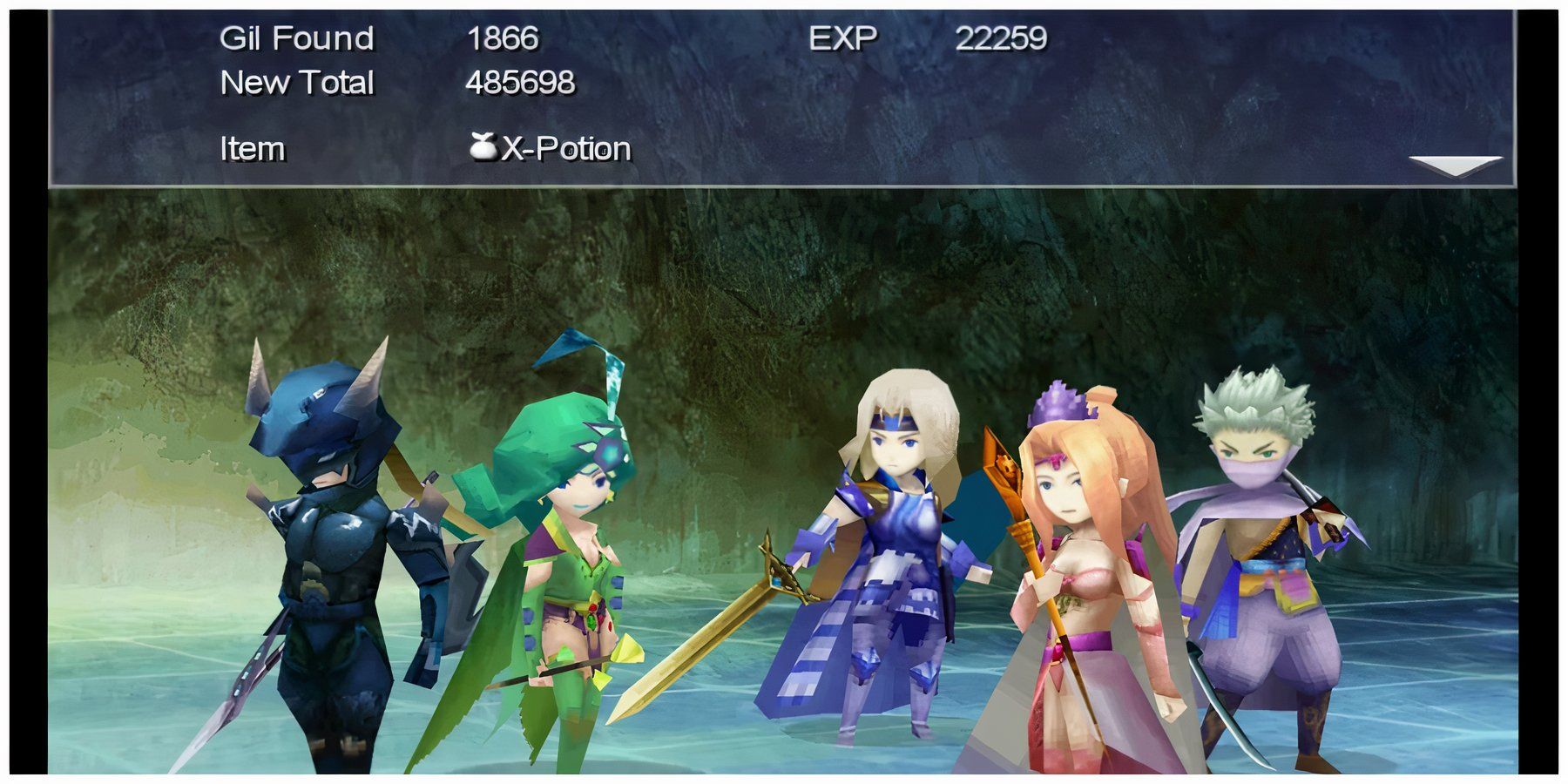 Party featuring Cecil wielding the onion sword post battle in Final Fantasy 4