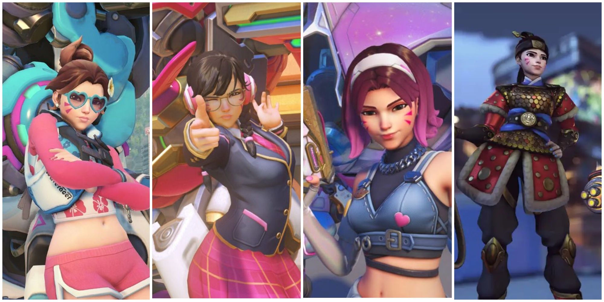 A collage of four of the different skins for D.Va from Overwatch 2 