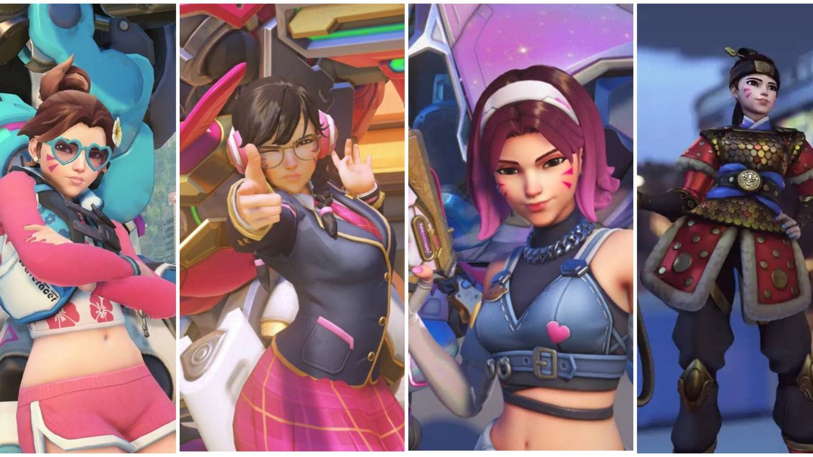 A collage of four of the different skins for D.Va from Overwatch 2 