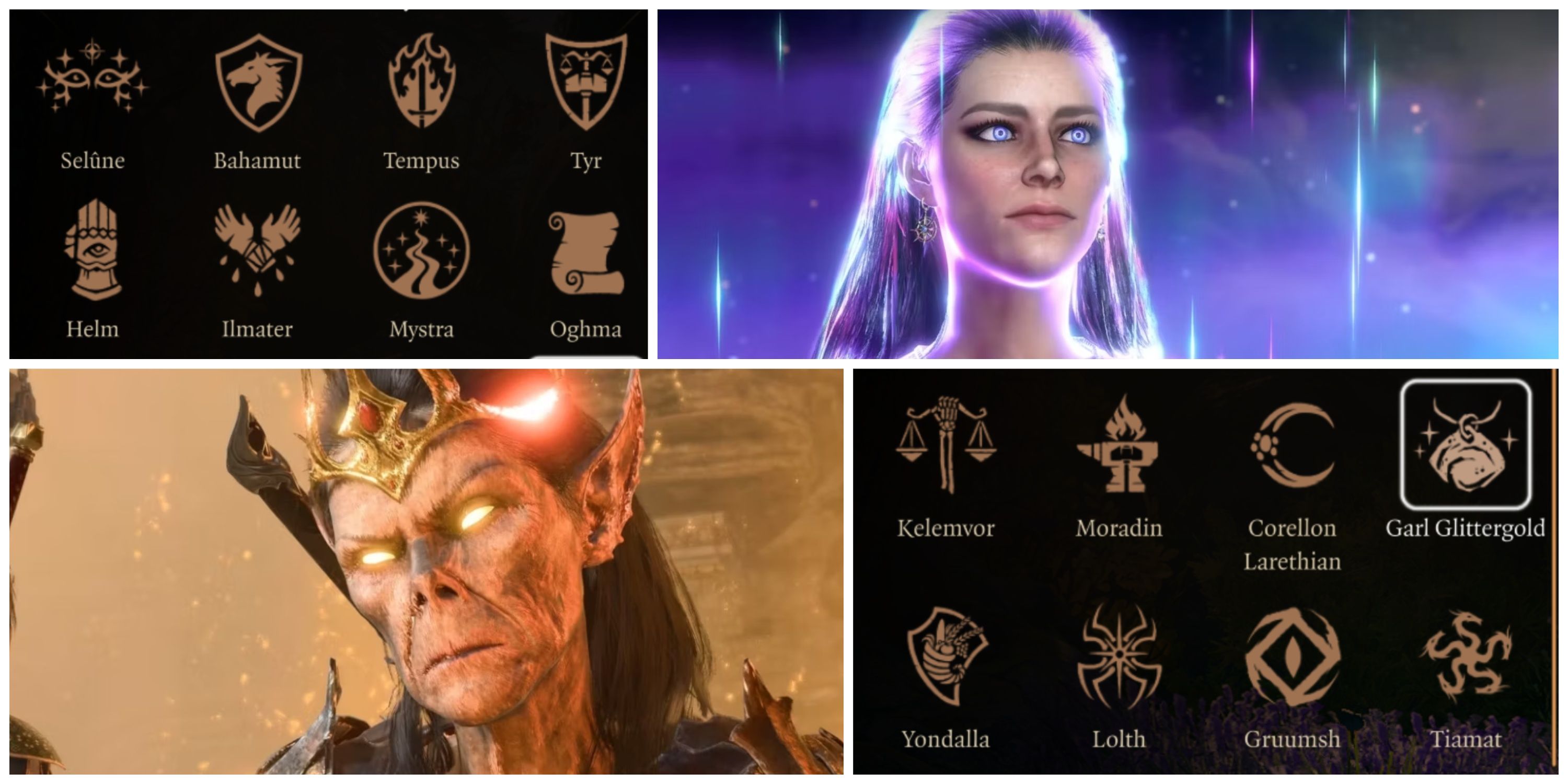 Mystra and Vlaakith, along with the selection screen for cleric deities