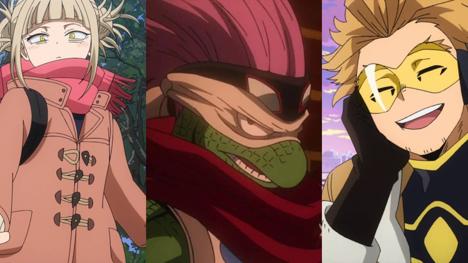 A split image of Toga, Spinner, and Hawks in My Hero Academia