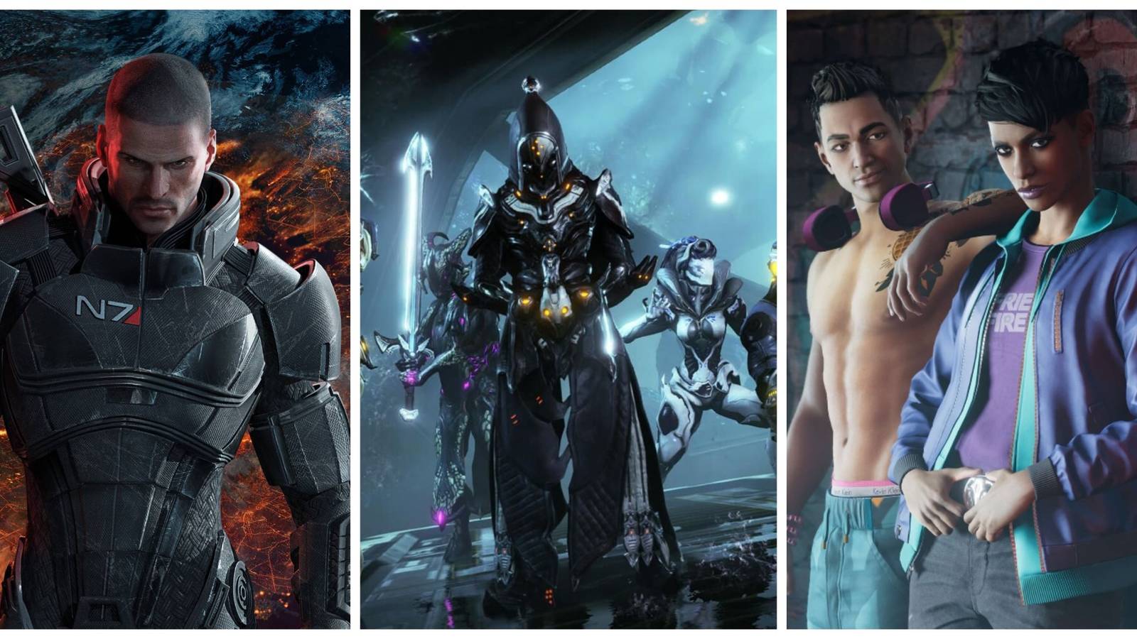A collage of Warframe characters, Commander Shepard, and Saints Row characters 