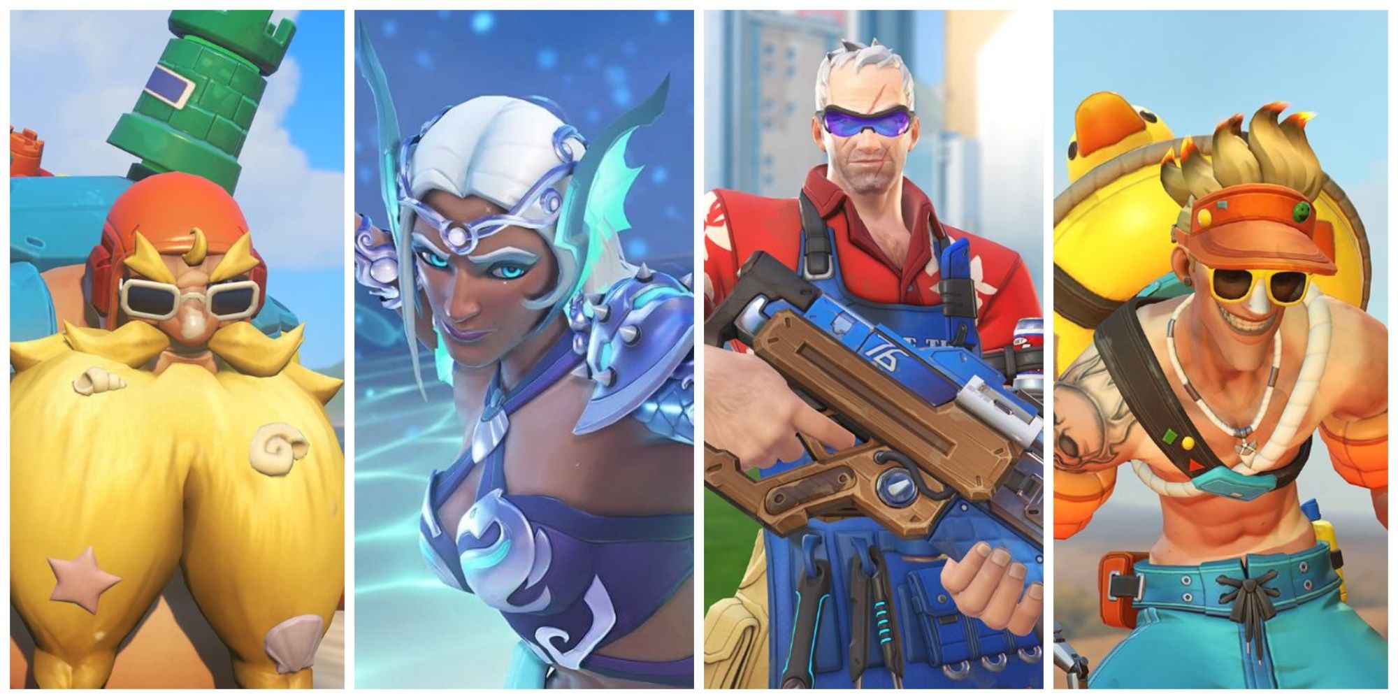 A collage featuring Symmetra, Soldier 76, Junkrat and Torbjorn from Overwatch 2 wearing summer themed skins