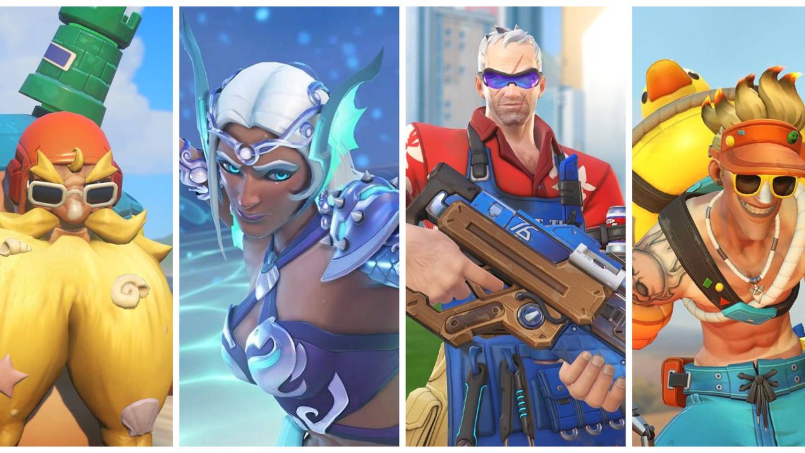 A collage featuring Symmetra, Soldier 76, Junkrat and Torbjorn from Overwatch 2 wearing summer themed skins