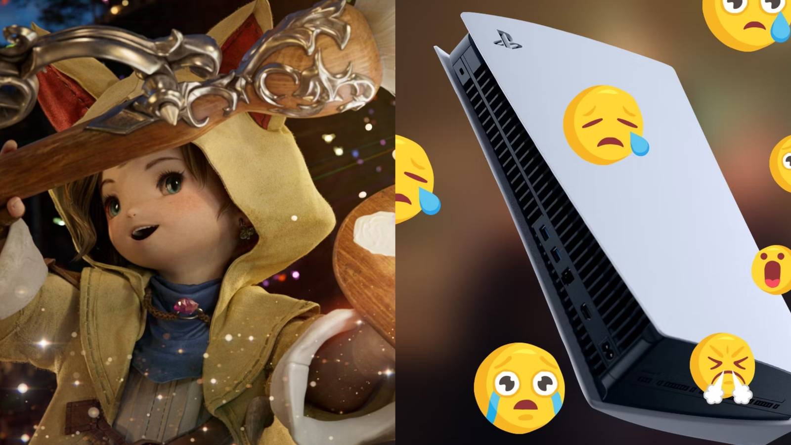 Promotional art for Final Fantasy 14: Dawntrail next to a PS5 with emojis surrounding it.