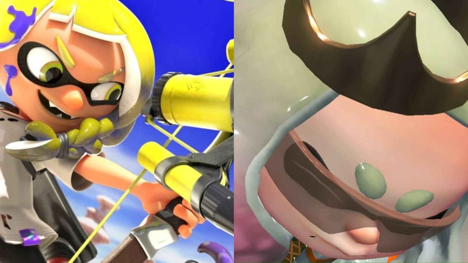 Key art for Splatoon 3 next to a DLC character frowning.