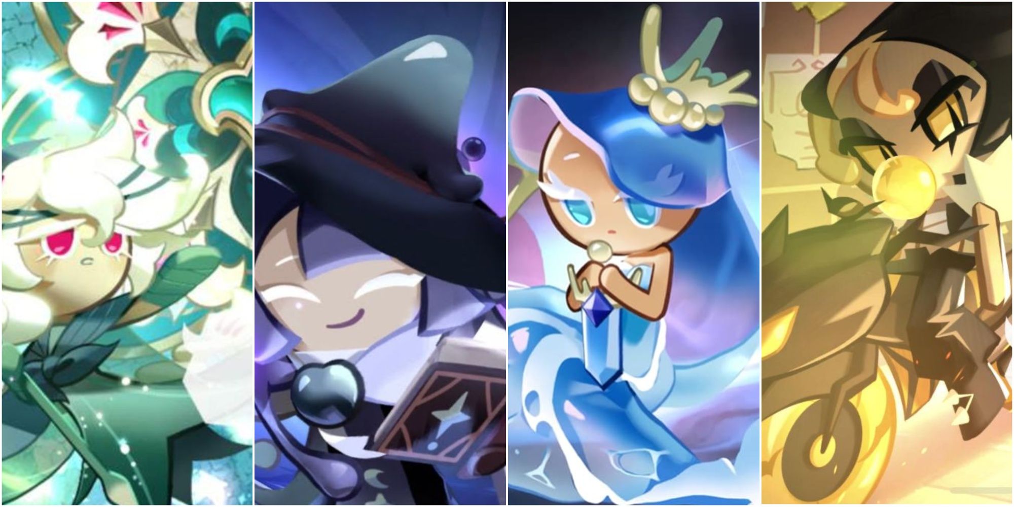 A collage of Bomber Cookies White Lily Cookie, Prune Juice Cookie, Sea Fairy Cookie and Street Urchin Cookie from Cookie Run: Kingdom