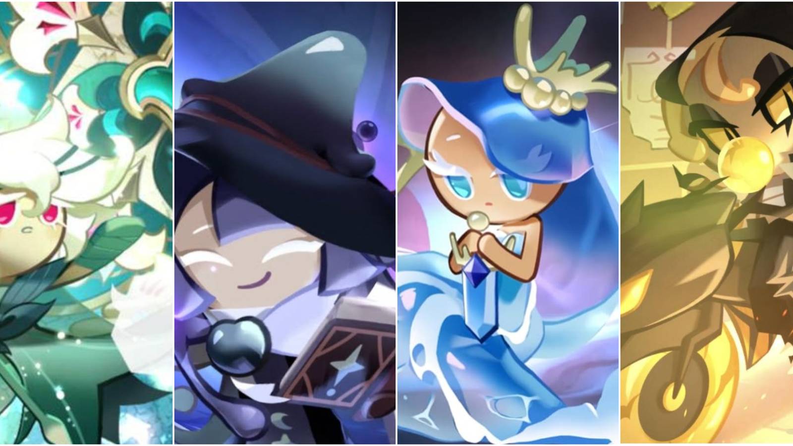 A collage of Bomber Cookies White Lily Cookie, Prune Juice Cookie, Sea Fairy Cookie and Street Urchin Cookie from Cookie Run: Kingdom