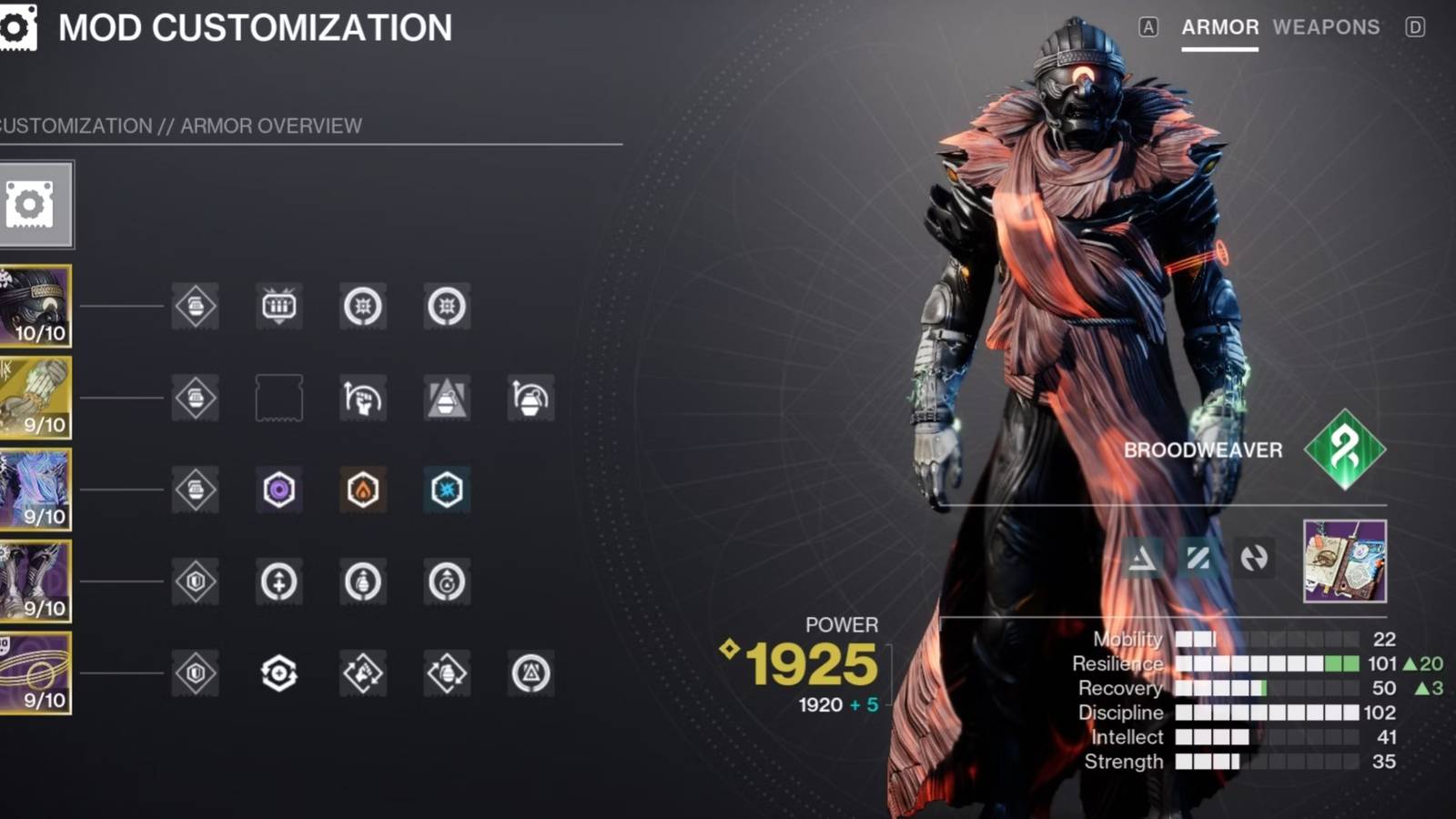Mods Customization Screen in Destiny 2