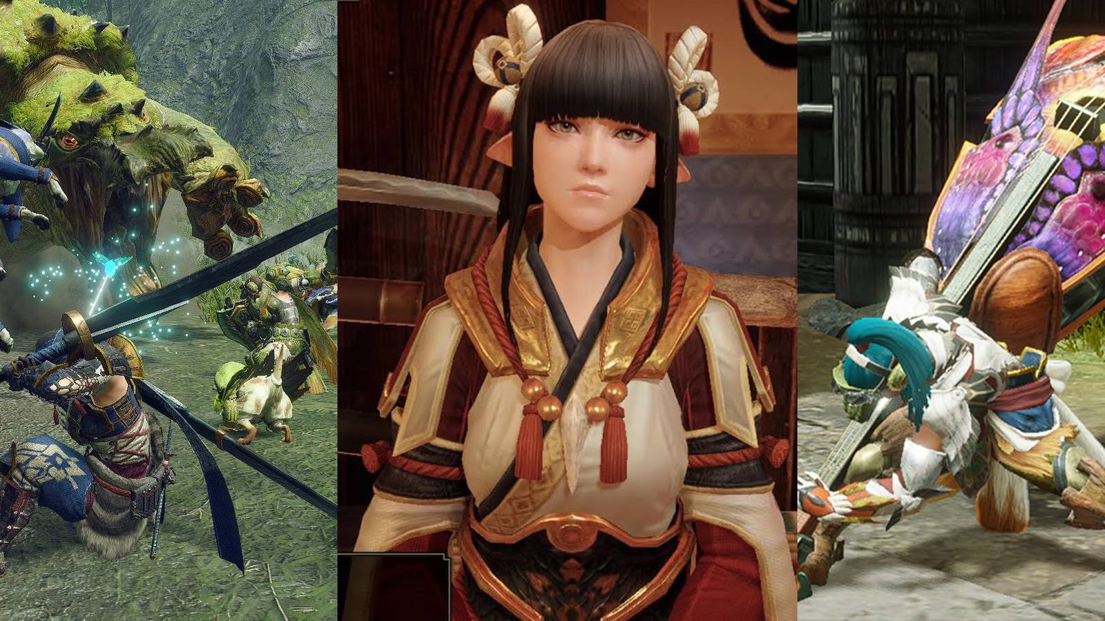 Hunters and a Palamute fighting Tetranodon; Hinoa the Quest maiden; a hunter crouching with a Hunting Horn