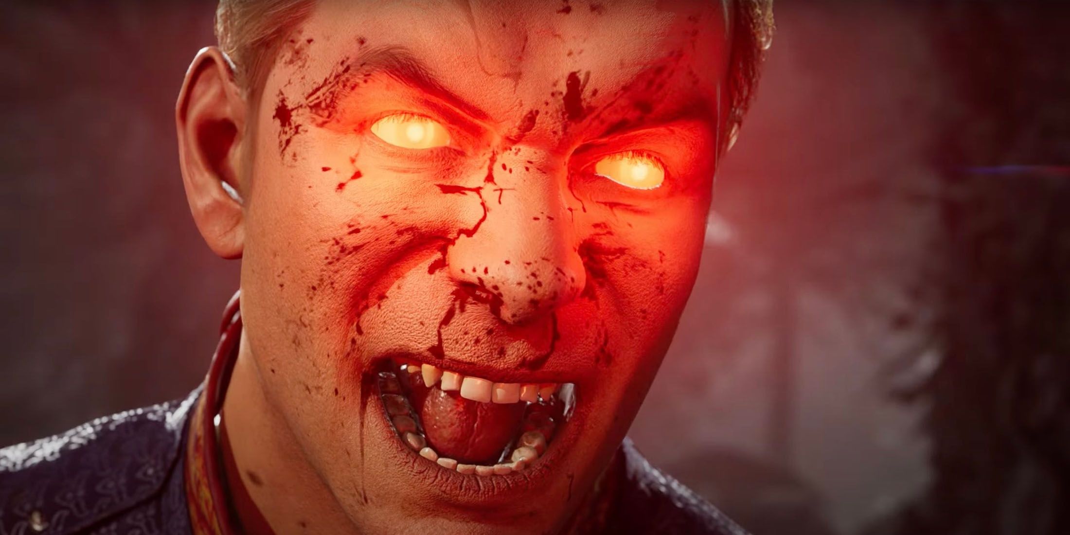 A close up of Homelander getting ready to use his laser vision with a blood-covered face in Mortal Kombat 1.
