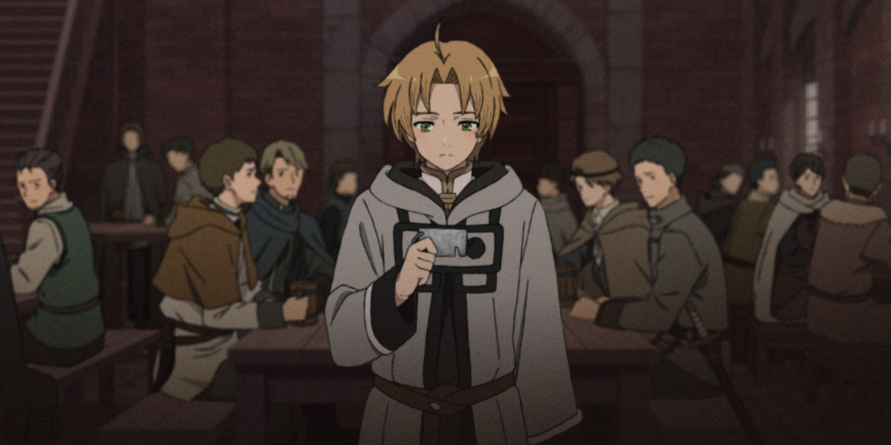 Adventure Guild (Mushoku Tensei Jobless Reincarnation) adventurer's guild Rudeus Greyrat standing in the guild hall