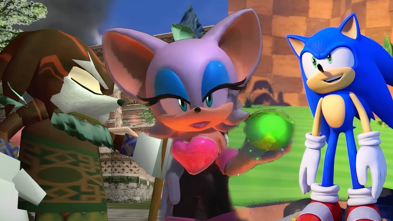 selfish sonic characters from left to right pachcamac rouge and sonic