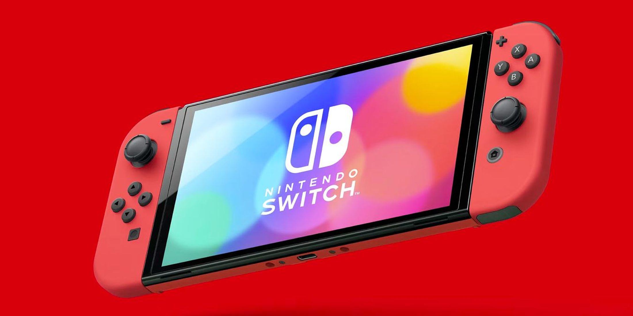 An image of a red Nintendo Switch set against a red background.