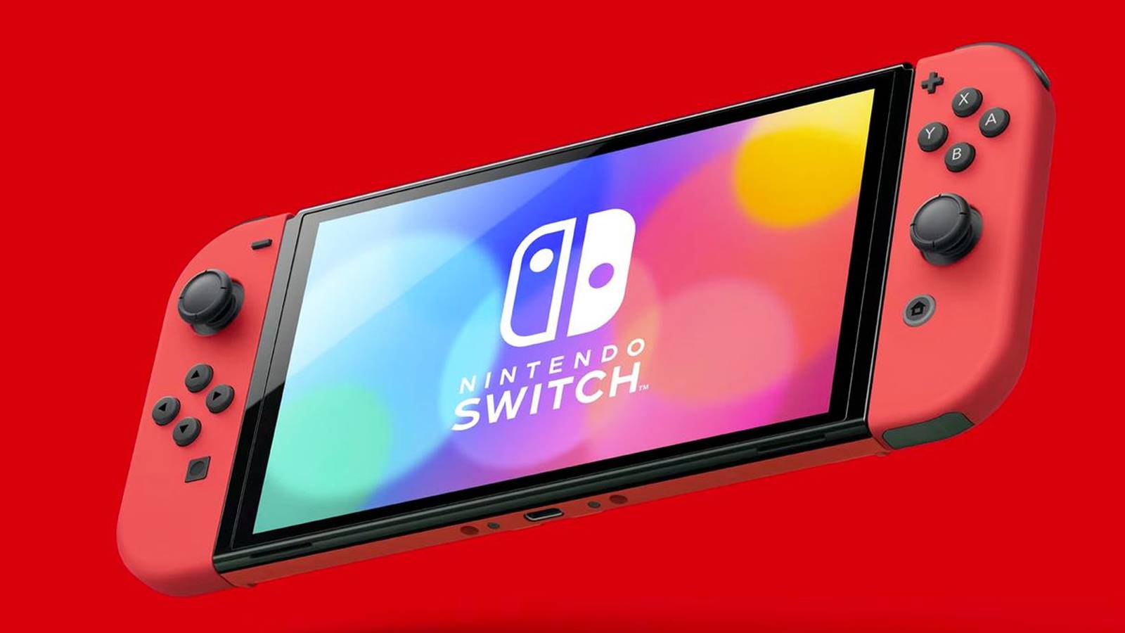 An image of a red Nintendo Switch set against a red background.