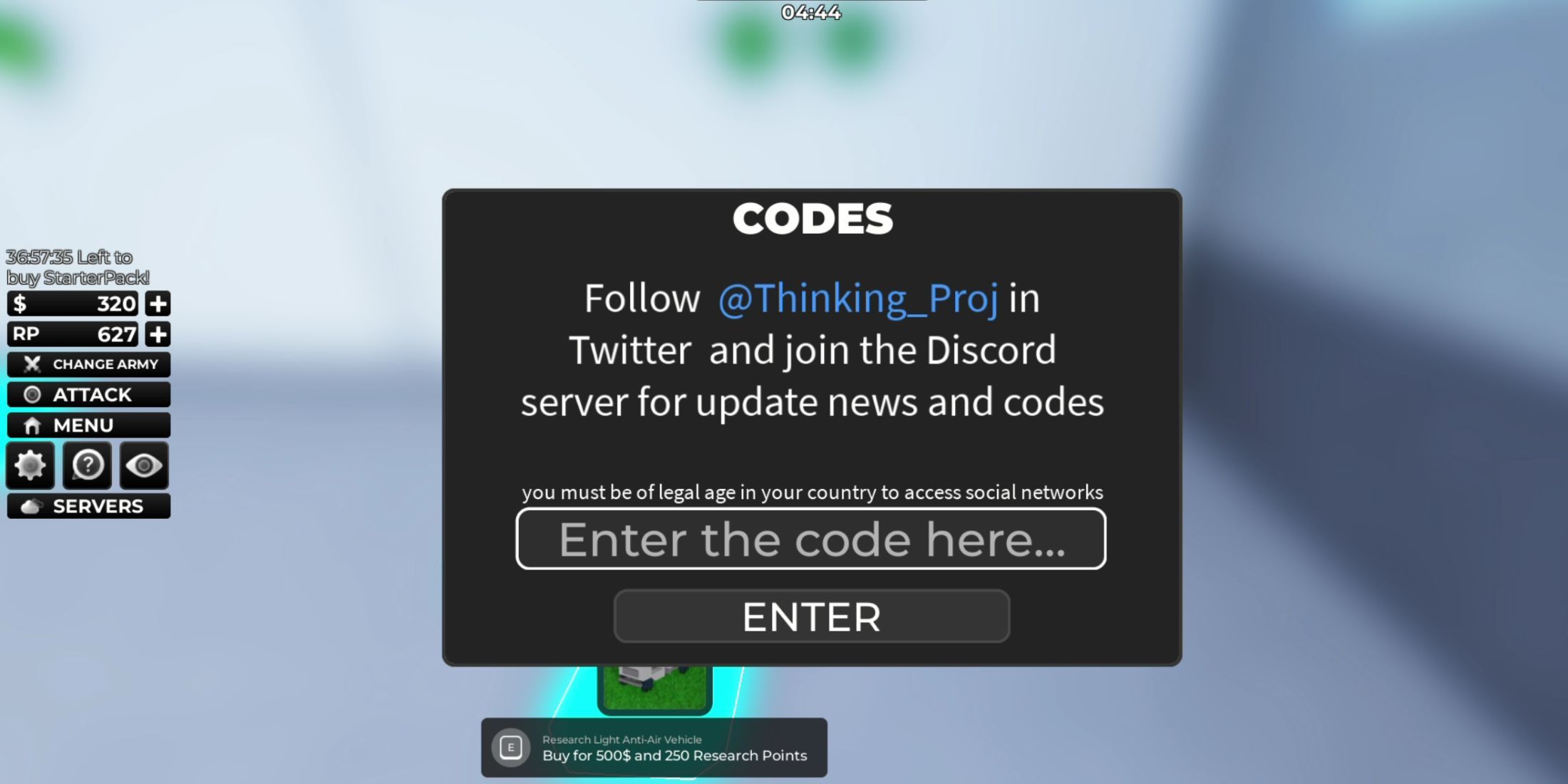 Noob Army Tycoon the codes tab