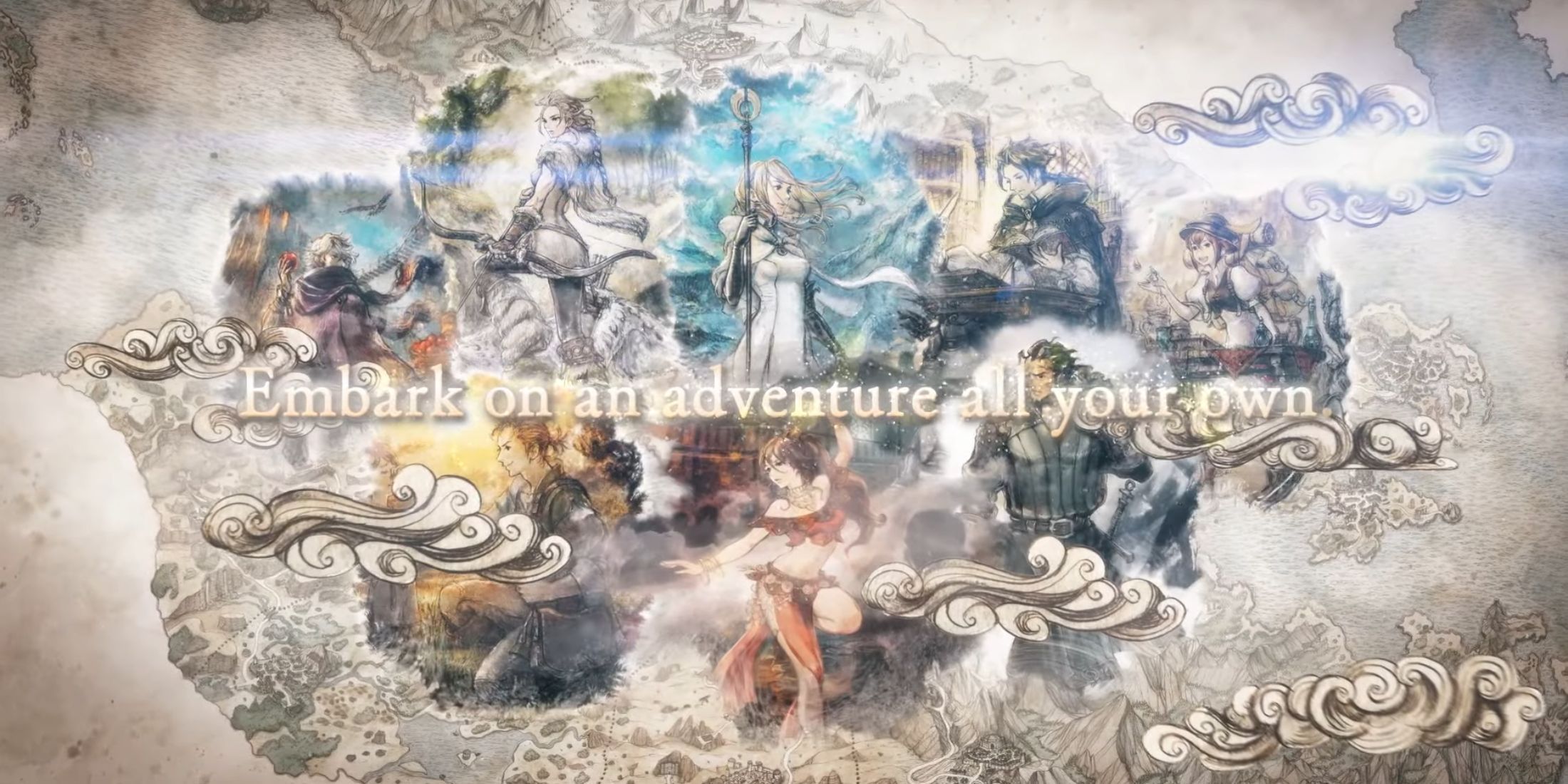 Octopath Traveler characters in the background to a text that says 