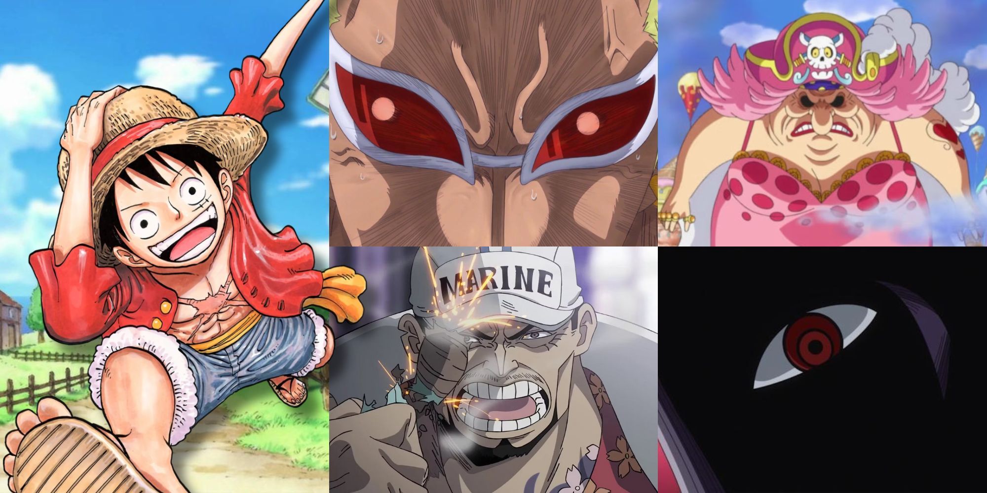Monkey D. Luffy alongside a collage of characters who despise him: Donquixote Doflamingo, Big Mom, Admiral Akainu and Imu.