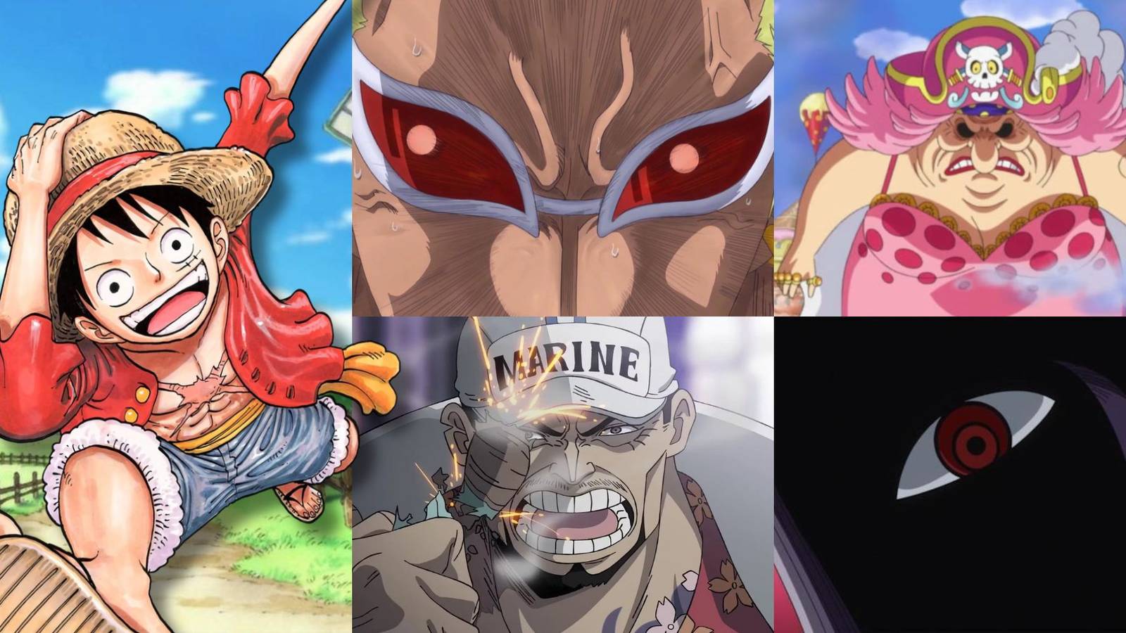 Monkey D. Luffy alongside a collage of characters who despise him: Donquixote Doflamingo, Big Mom, Admiral Akainu and Imu.