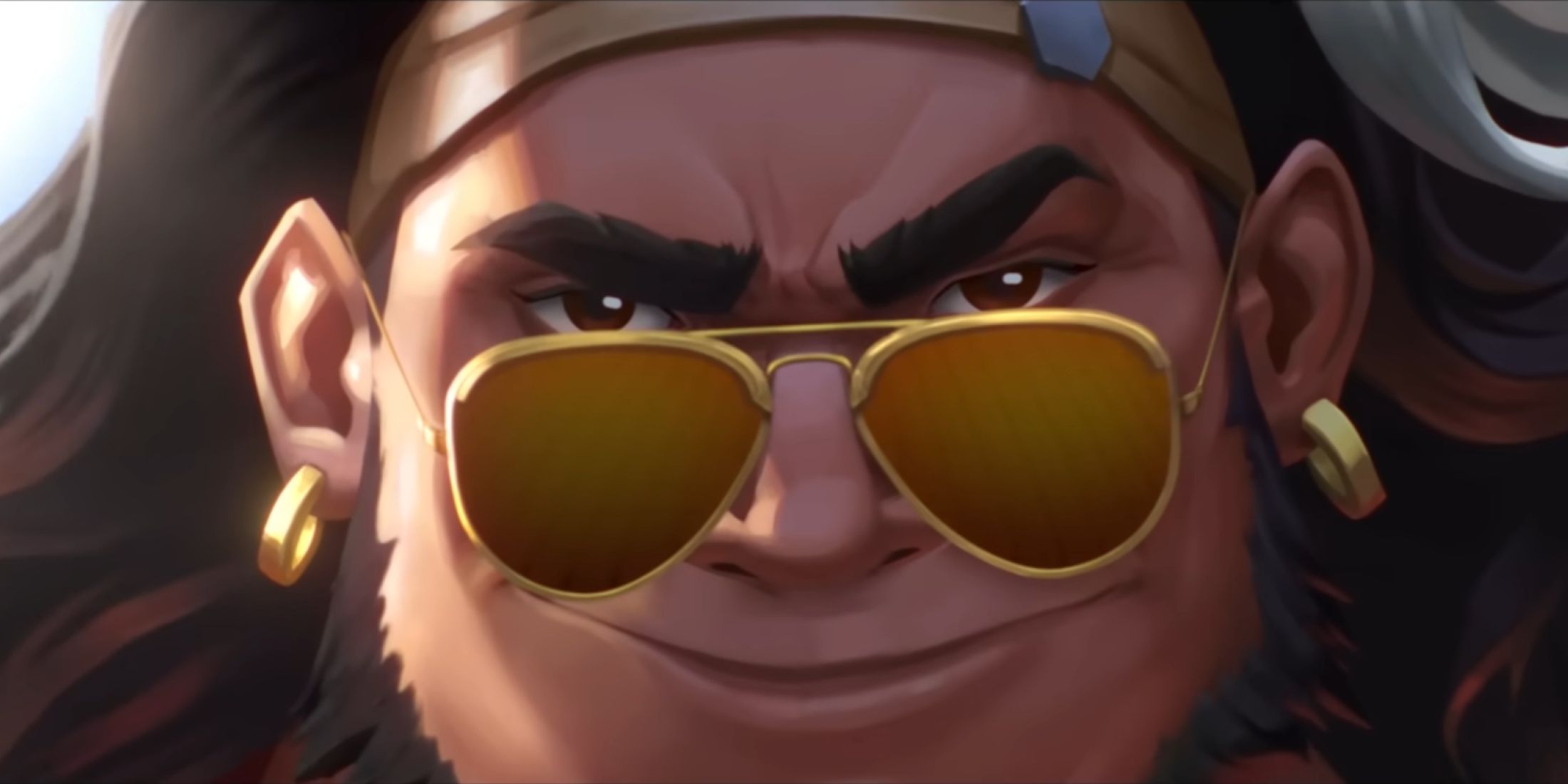 a closeup of mauga with sunglasses from his reveal trailer in overwatch 2