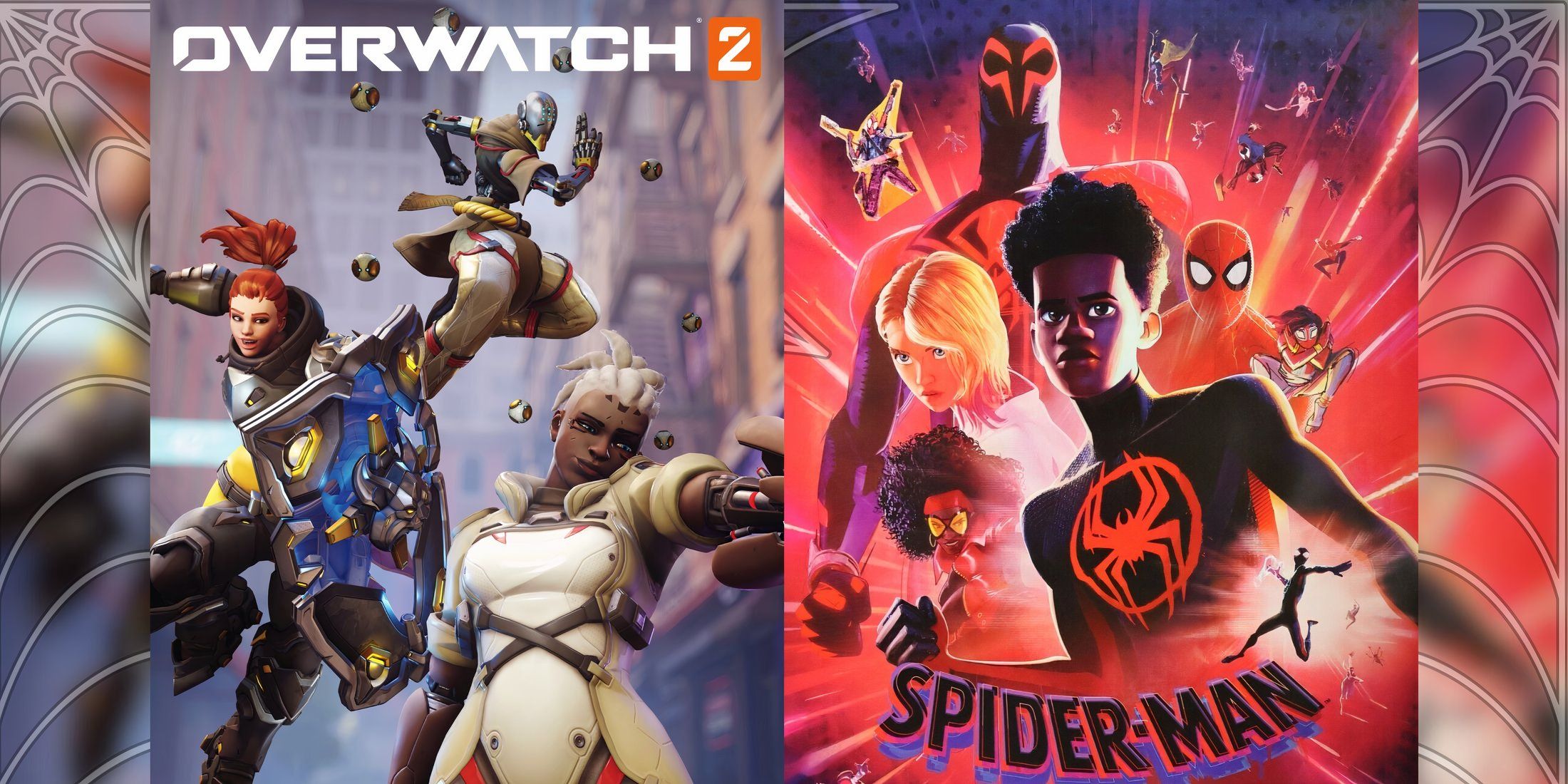 overwatch 2 and spider-verse posters side-by-side.