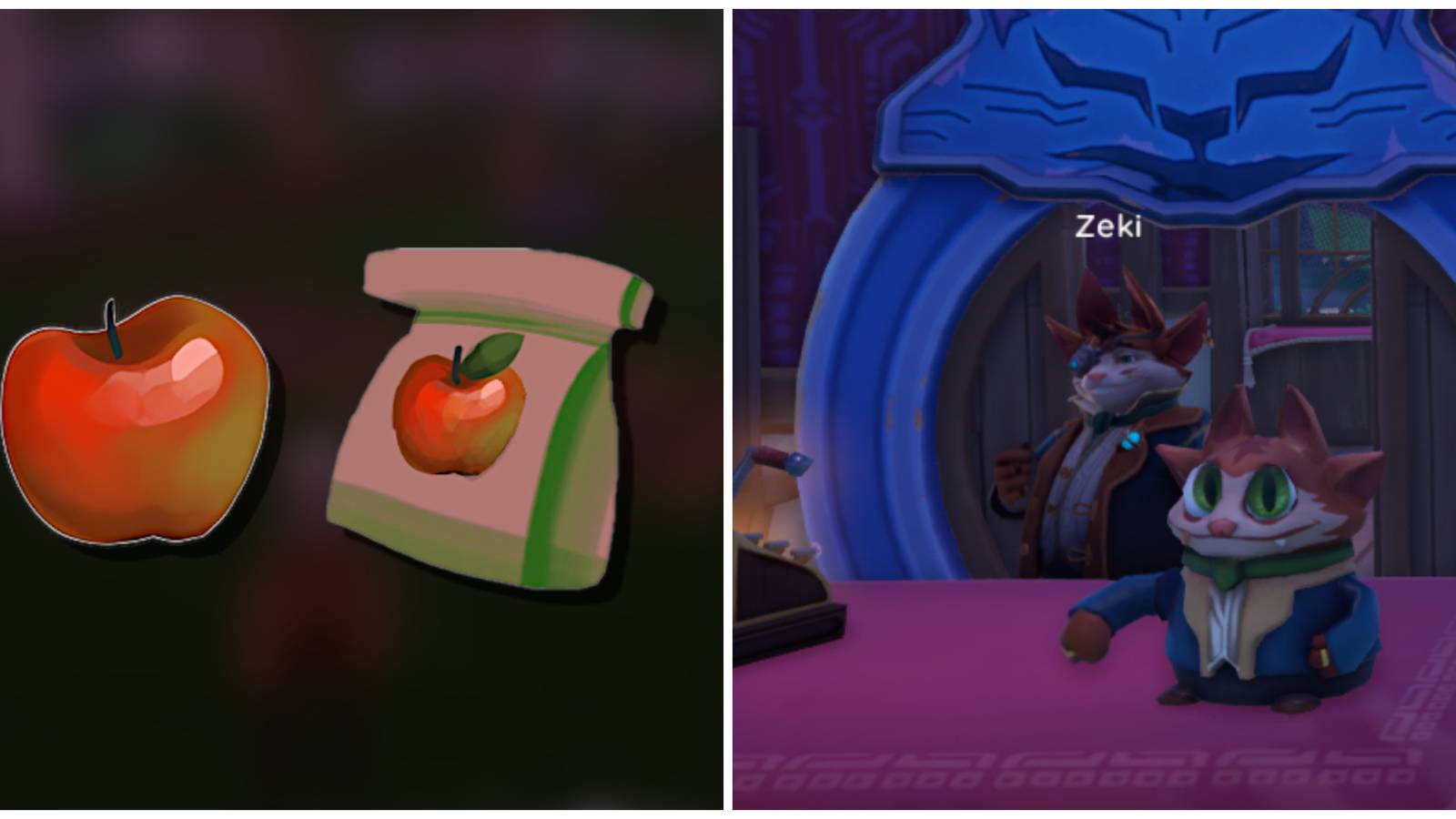 Split image of an apple and apple tree seeds and Zeki in Palia